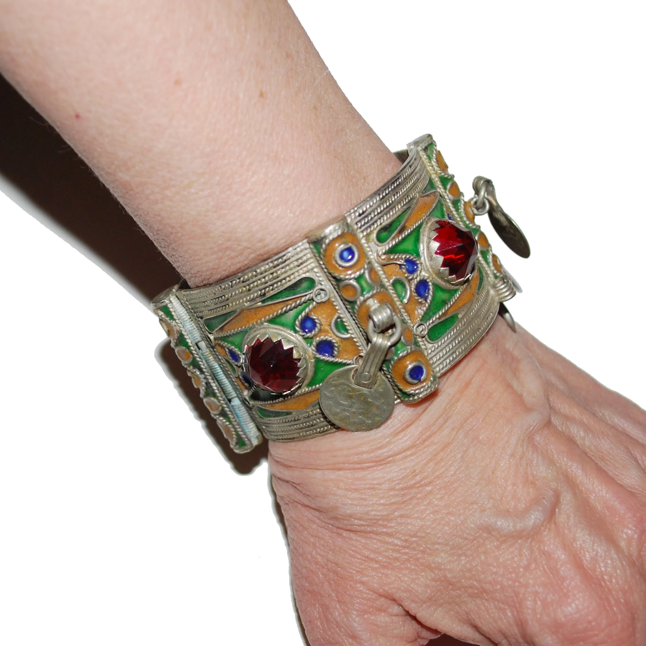 Vintage Berber Cuff Bracelet - Cuff with Enamel Jewels Coins - Pin and Hinge