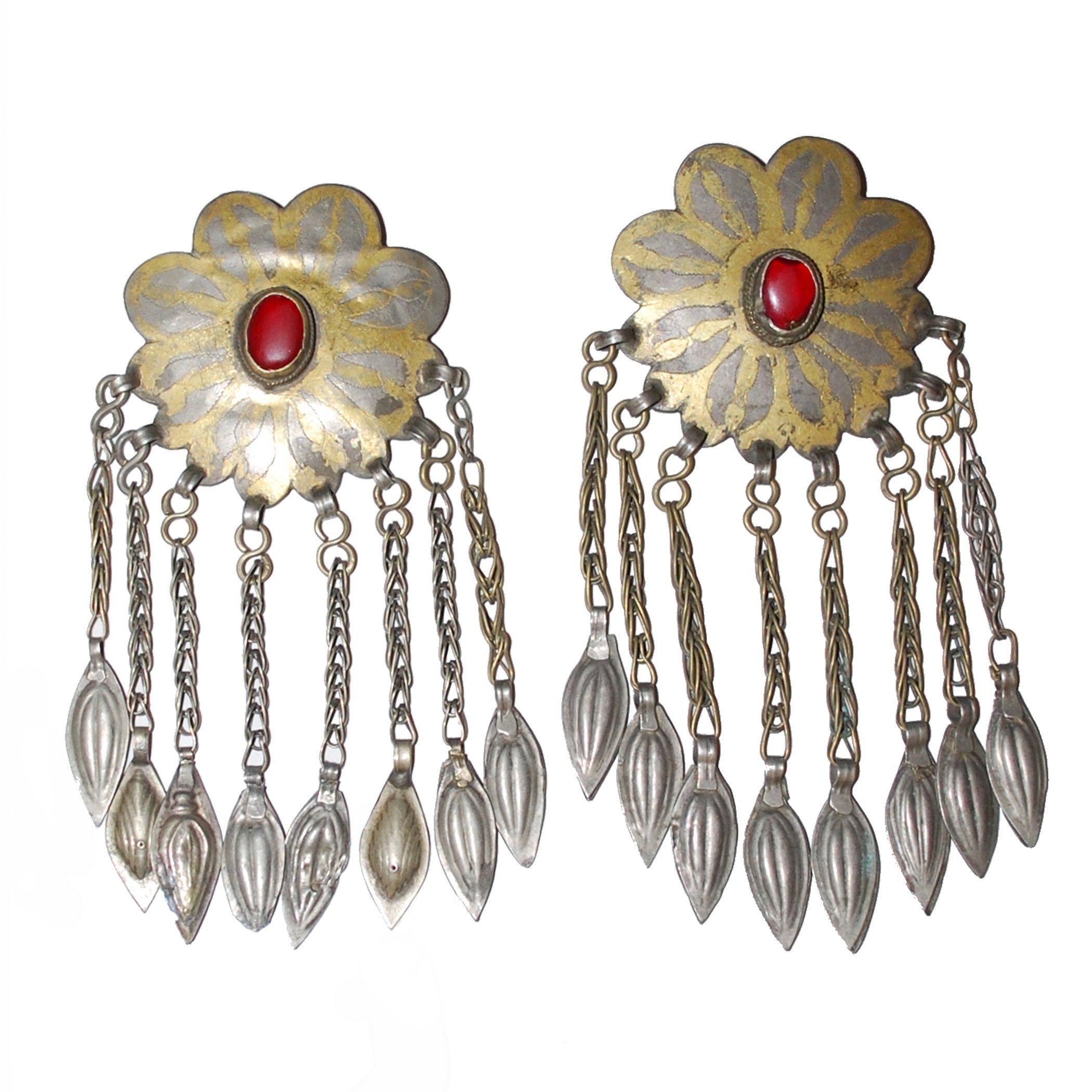 Turkoman Vintage Fire Gilded Pendants - Gold Washed Gul Yaka PAIR - Turkman