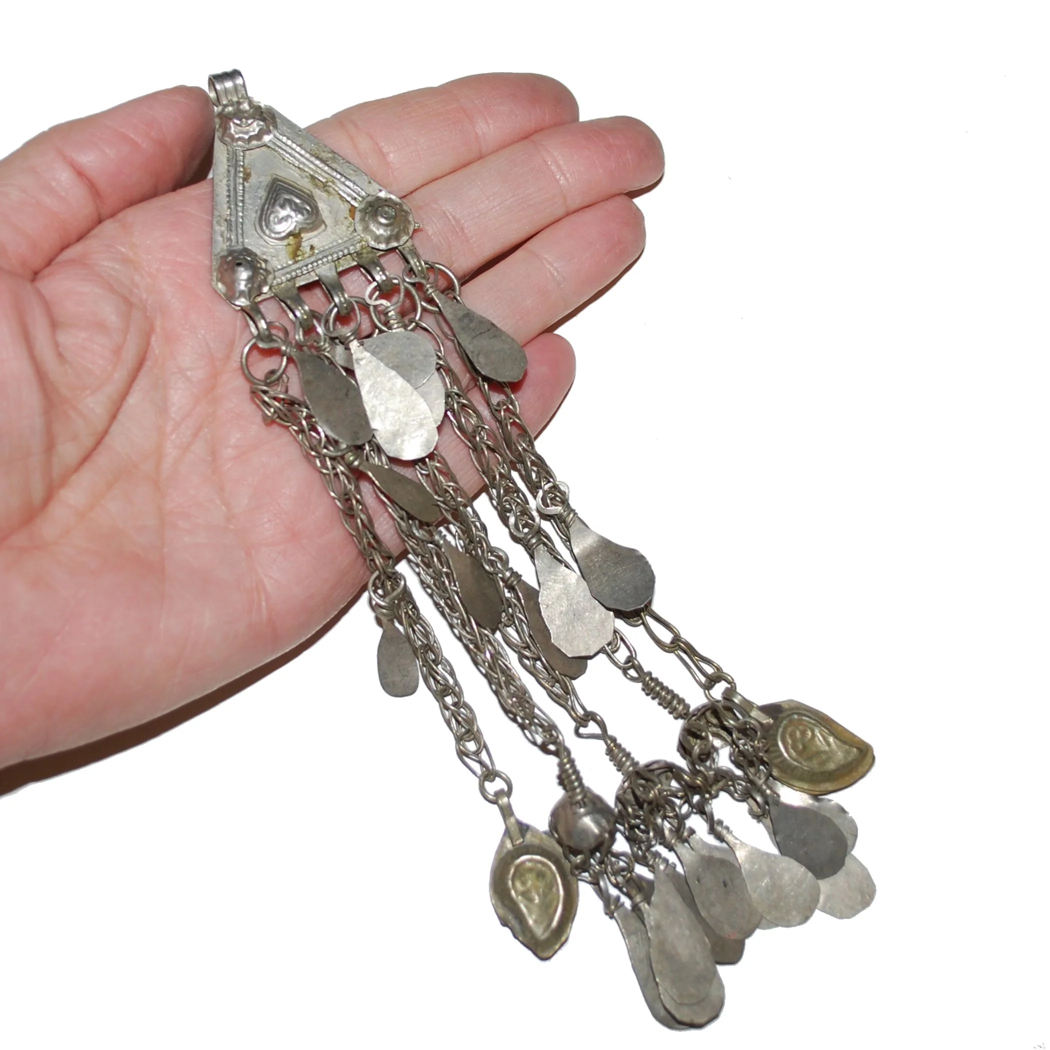 Vintage Kuchi Triangle Pendant - Small Tribal Pendant with Long Chains