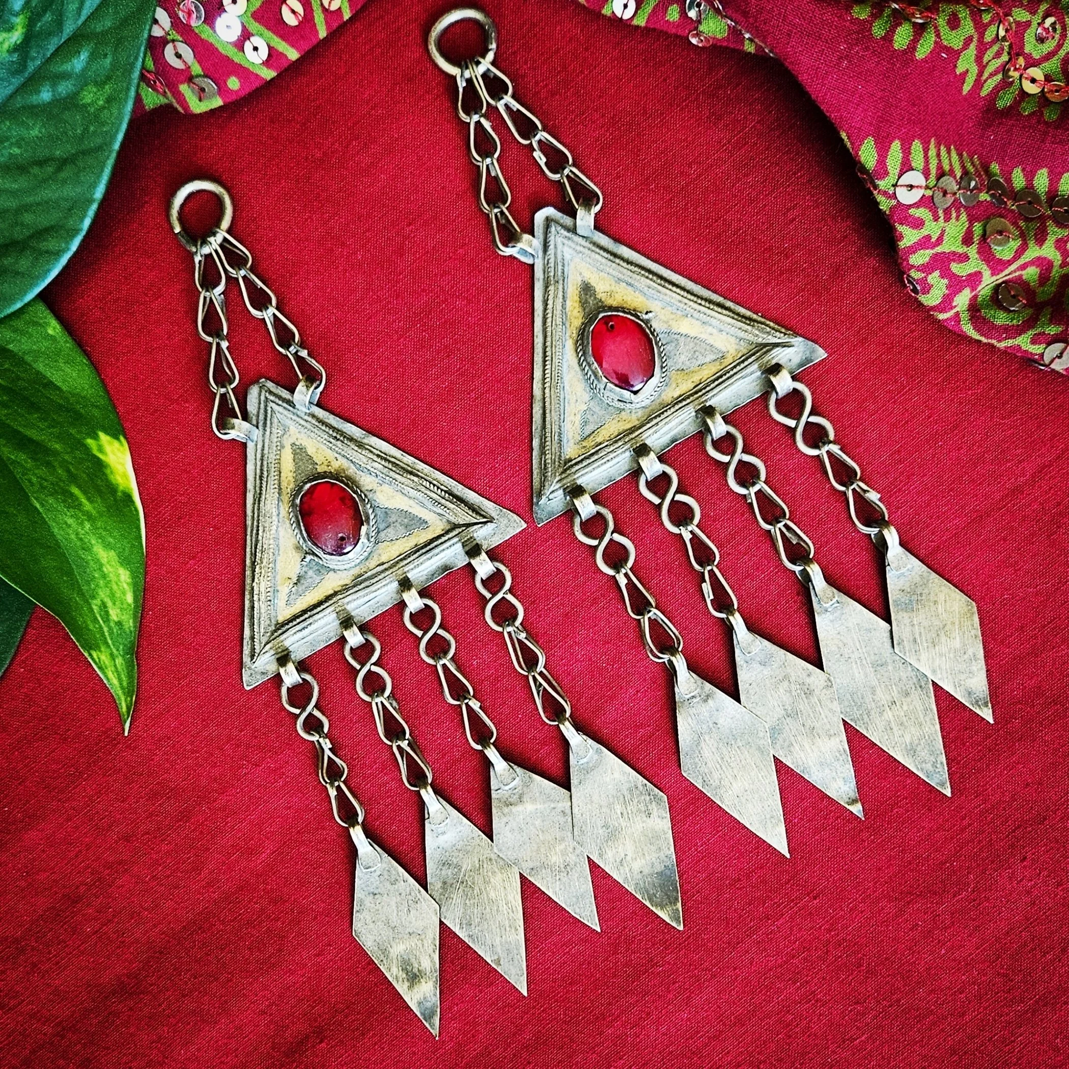 Turkoman Vintage Fire Gilded Triangles - Gold Washed Pendant PAIR - Turkman
