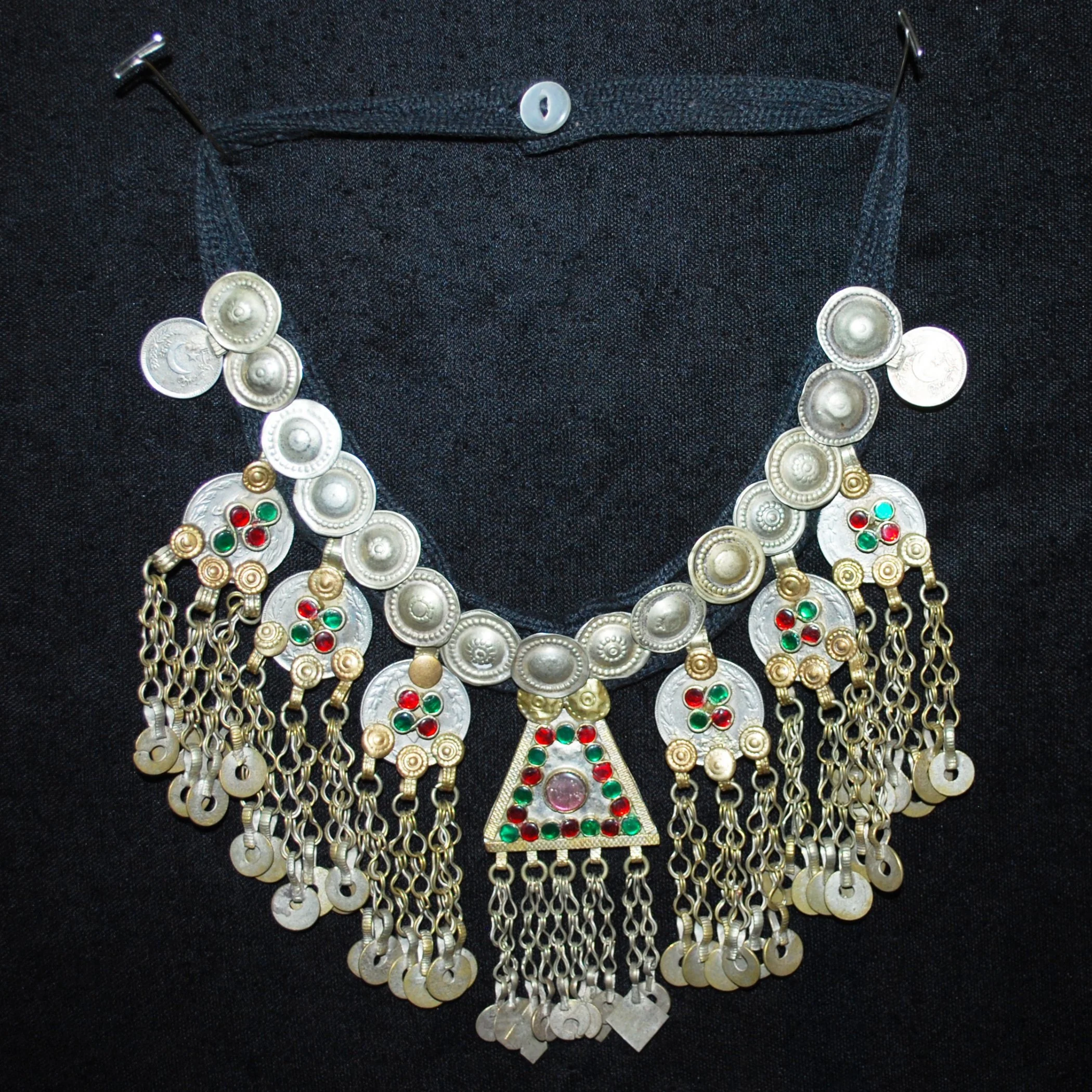 Kuchi Coin and Jingle Pendants Necklace - Tribal Coins Buttons Jewels on Black Cord