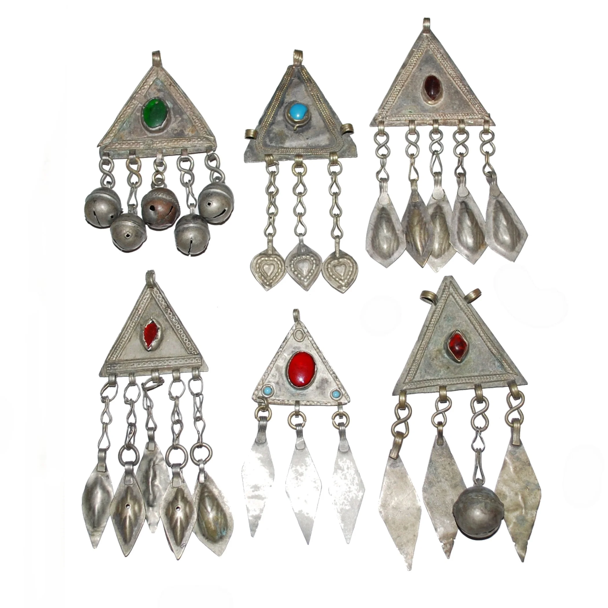 Six Turkoman Pendants - Vintage Triangle Pendants with Jewels - Turkman Variety