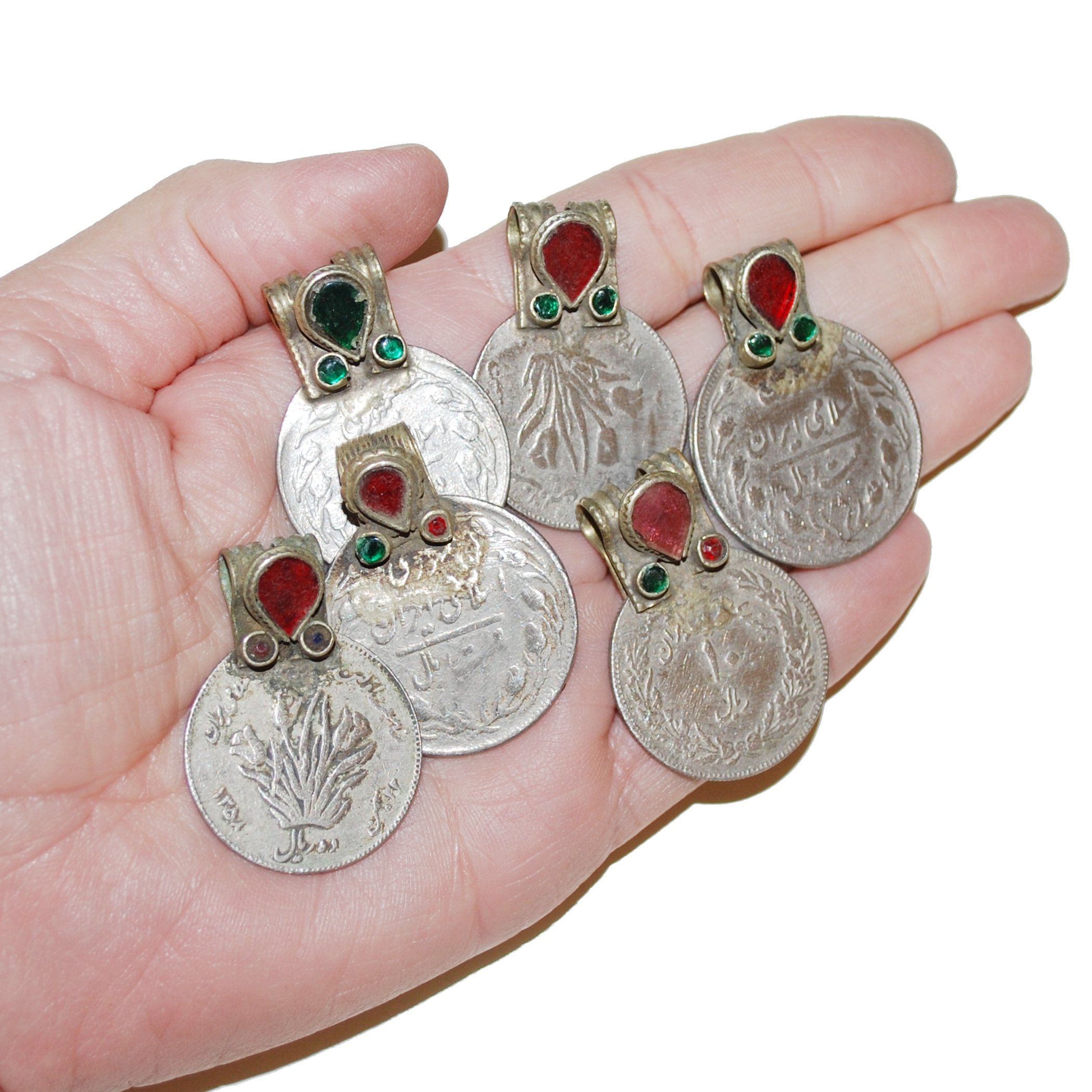 Vintage Kuchi Coins with Jeweled Bales - 6 Embellished Tribal Coins - Belly Dance