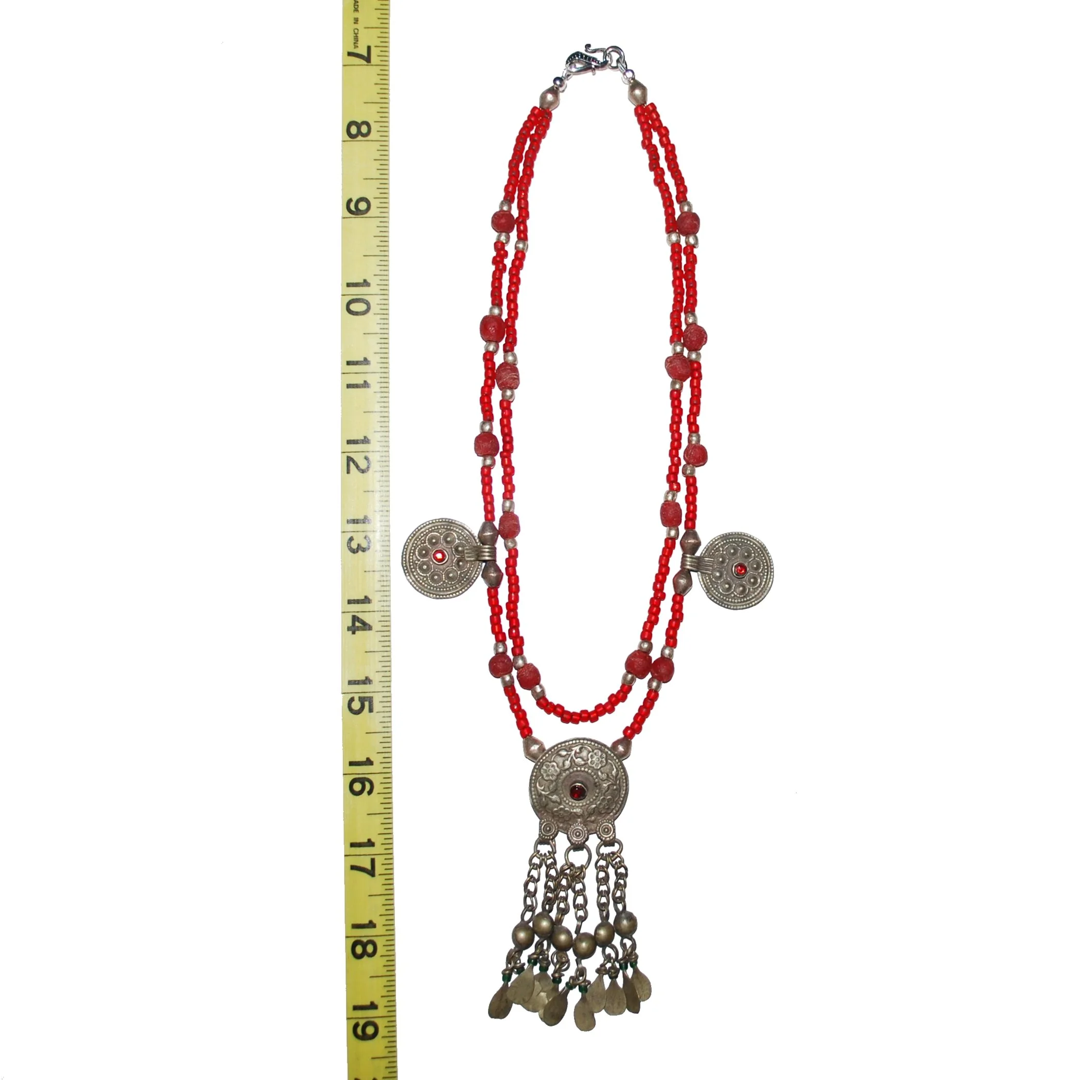Beaded Necklace with Kuchi Charms - Double Strand Trade Beads - Red Camel Designs
