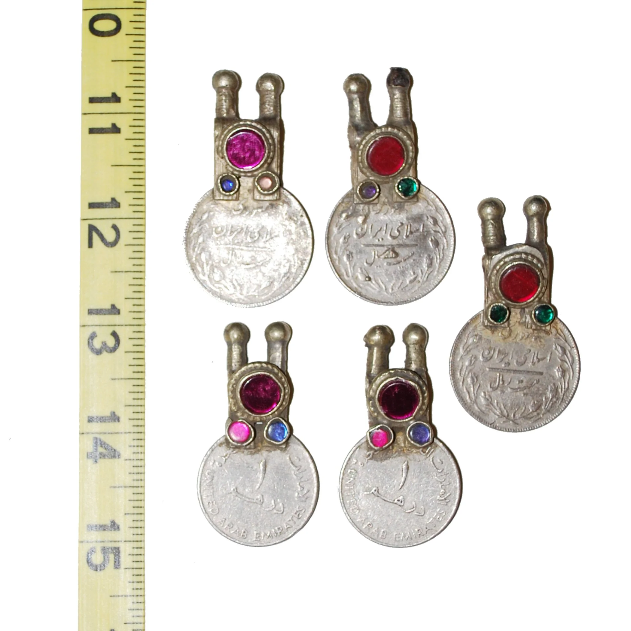Vintage Kuchi Coins with Tall Bales - 5 Embellished Coins - Belly Dance DIY