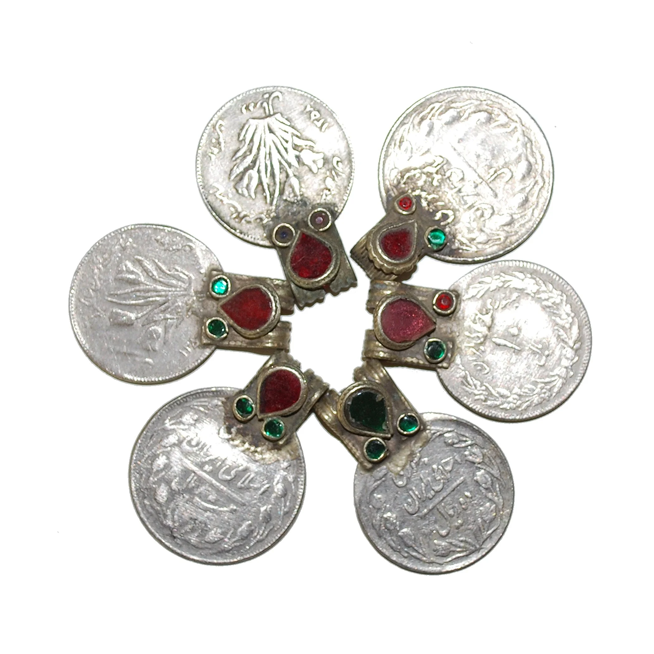 Vintage Kuchi Coins with Jeweled Bales - 6 Embellished Tribal Coins - Belly Dance