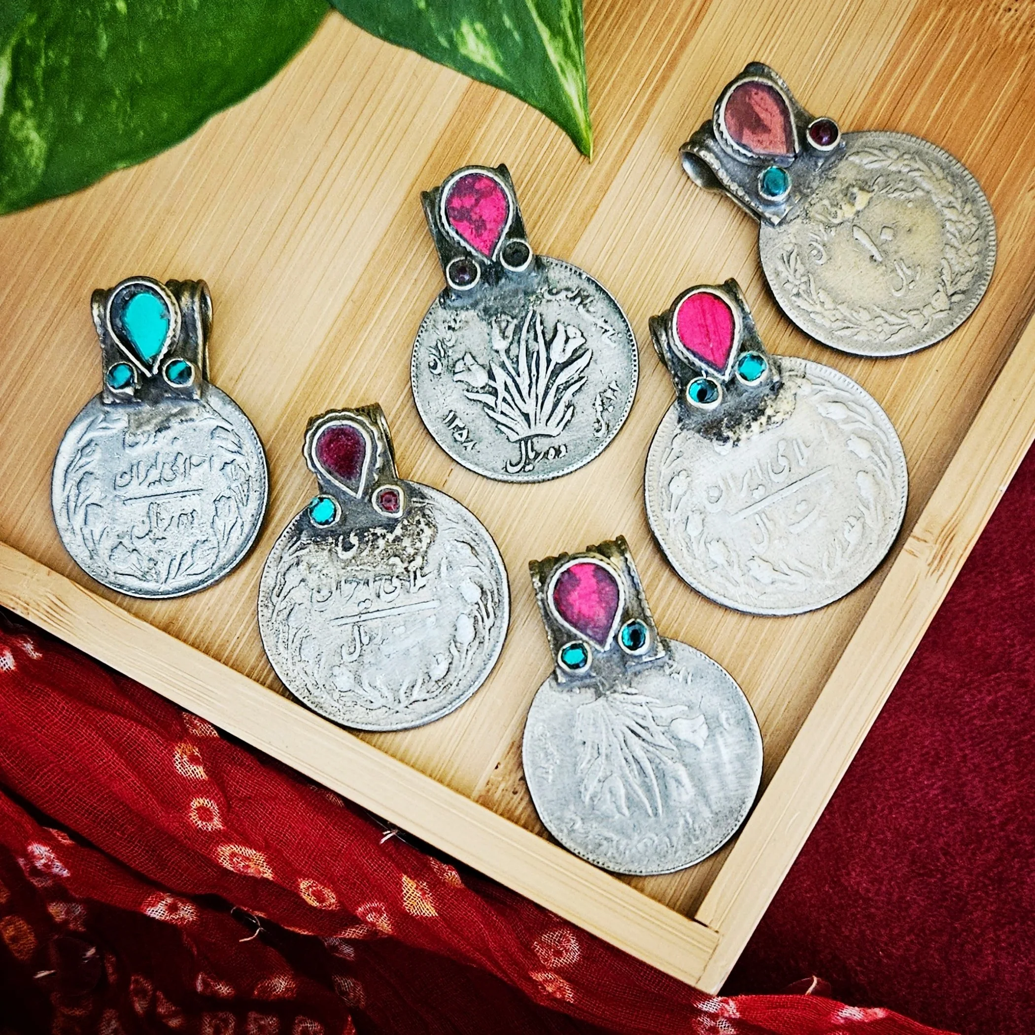 Vintage Kuchi Coins with Jeweled Bales - 6 Embellished Tribal Coins - Belly Dance