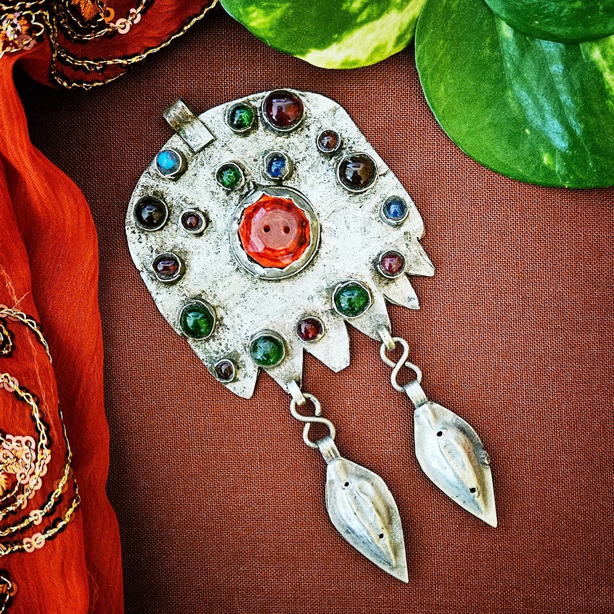 Vintage Turkoman Pendant - Turkmen Tribal Pendant with Jewels / Hollow Dangles