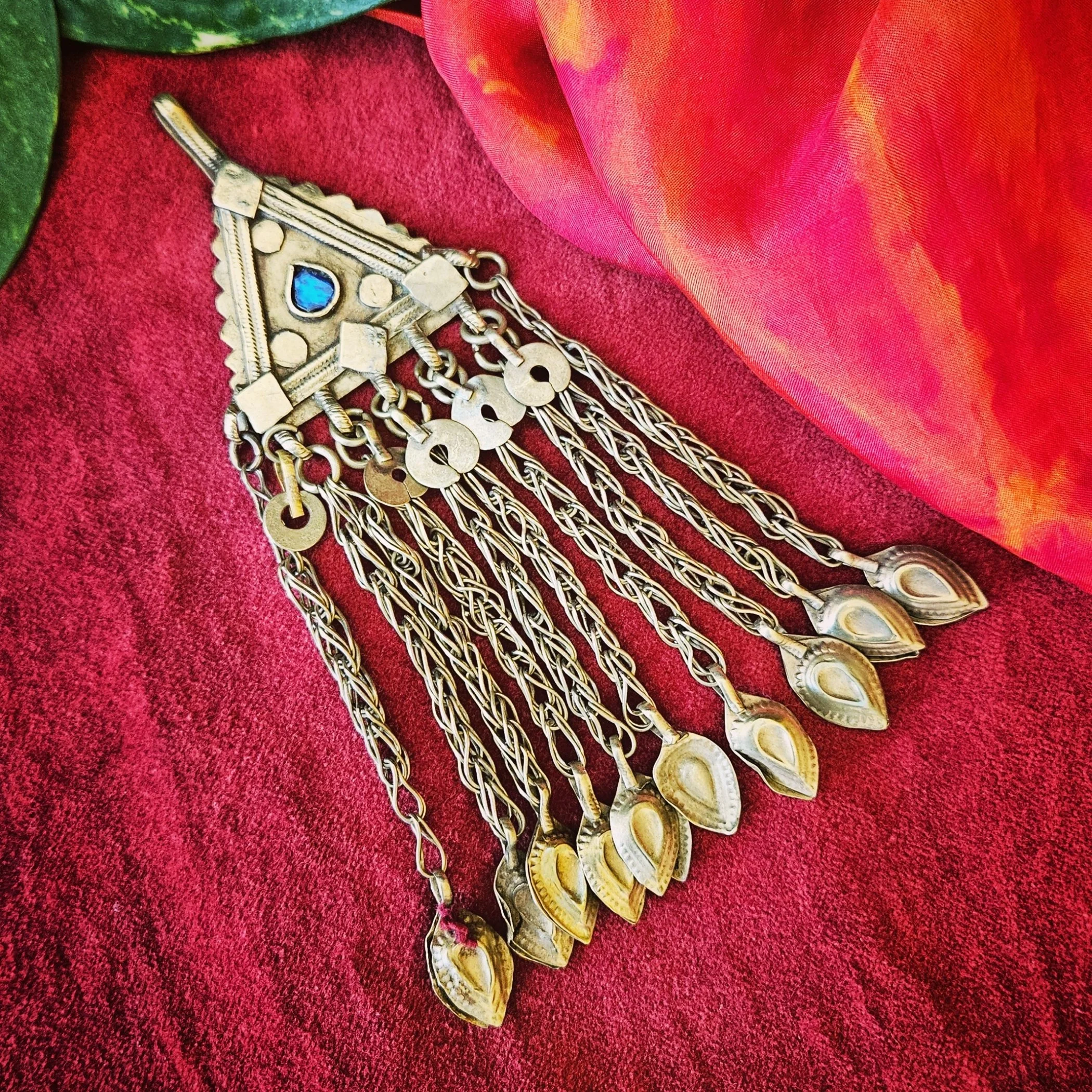 Vintage Kuchi Tribal Pendant - Blue Glass Jewel