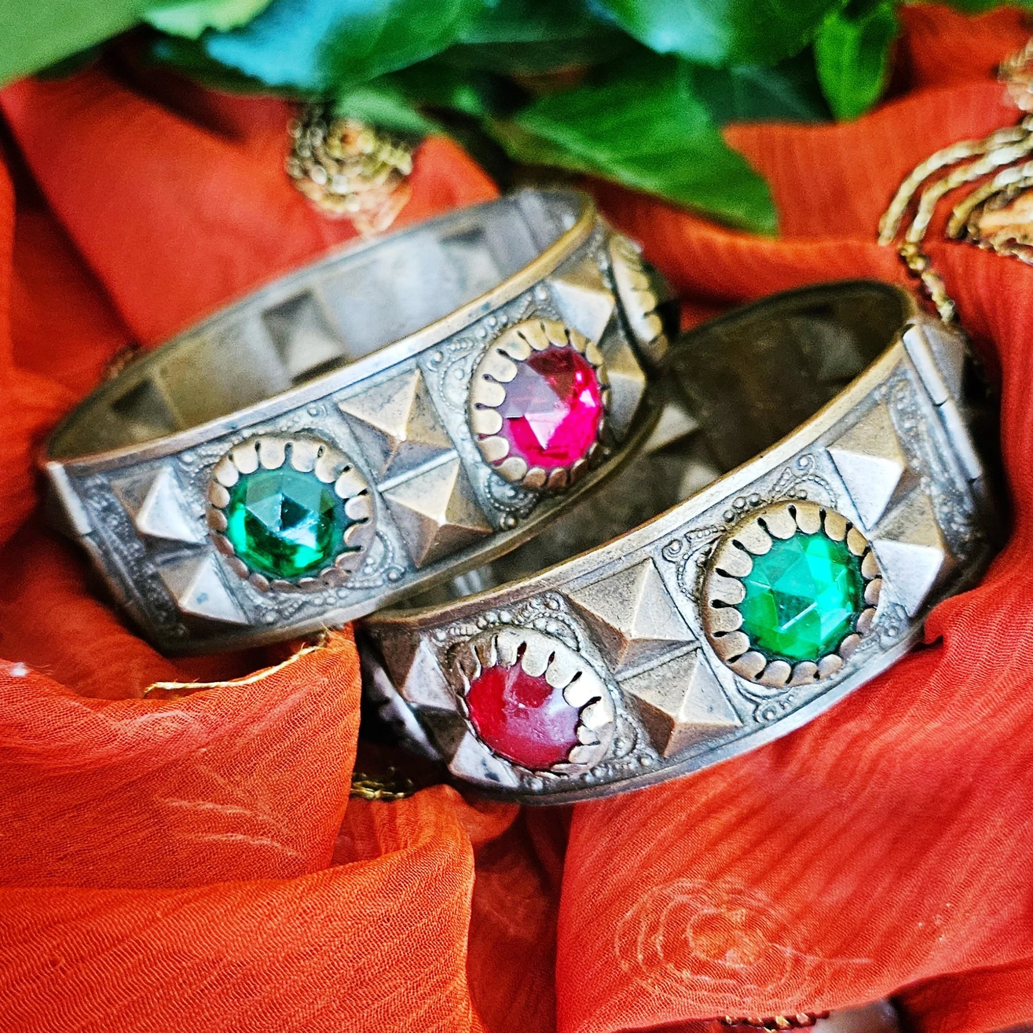 Berber Bracelets PAIR - Matched Bronzy Pair with Jewels - Belly Dance Bracelets