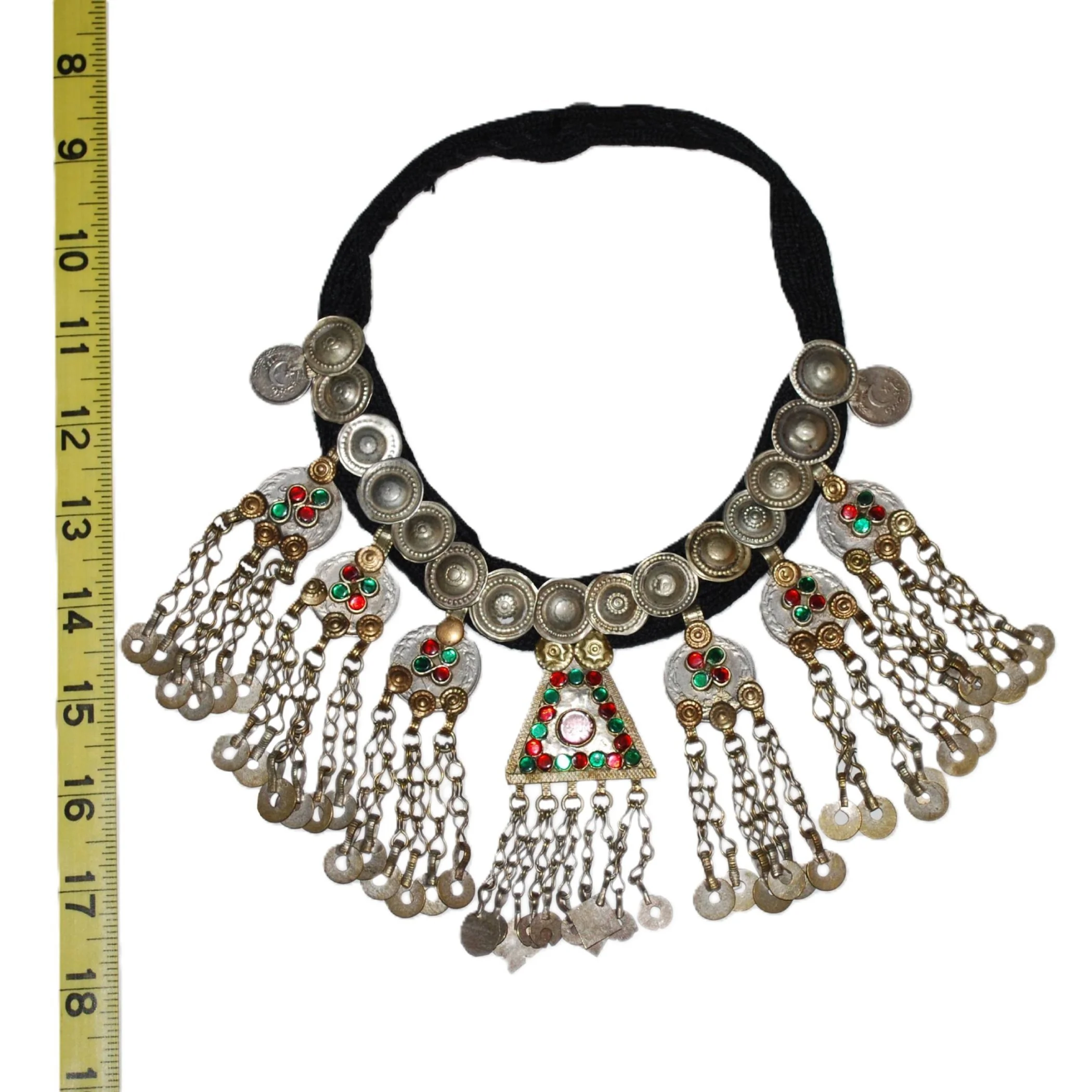 Kuchi Coin and Jingle Pendants Necklace - Tribal Coins Buttons Jewels on Black Cord