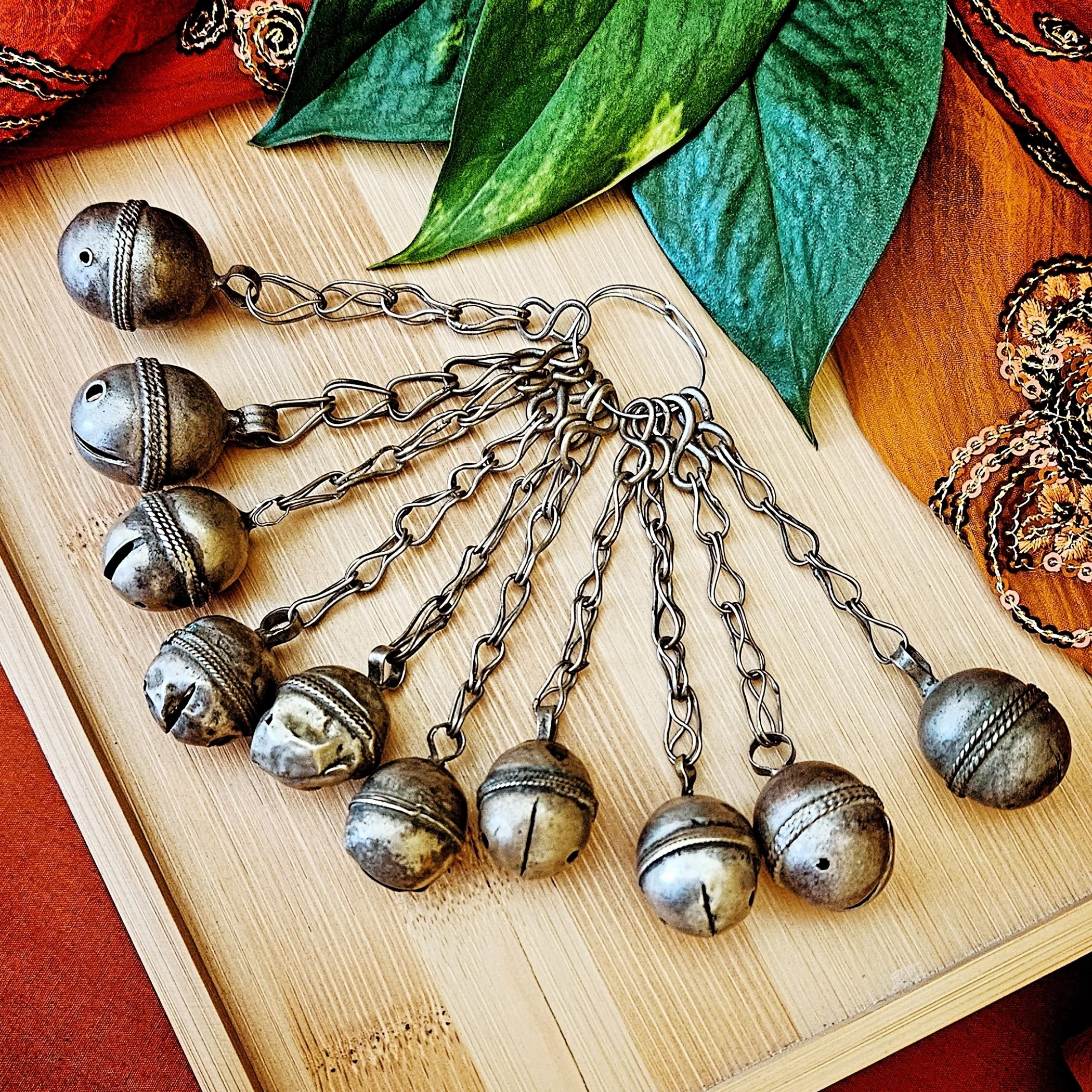 Ten Vintage Turkoman Bells on Chain - Tribal Bells - Turkman Bells for Belly Dance DIY