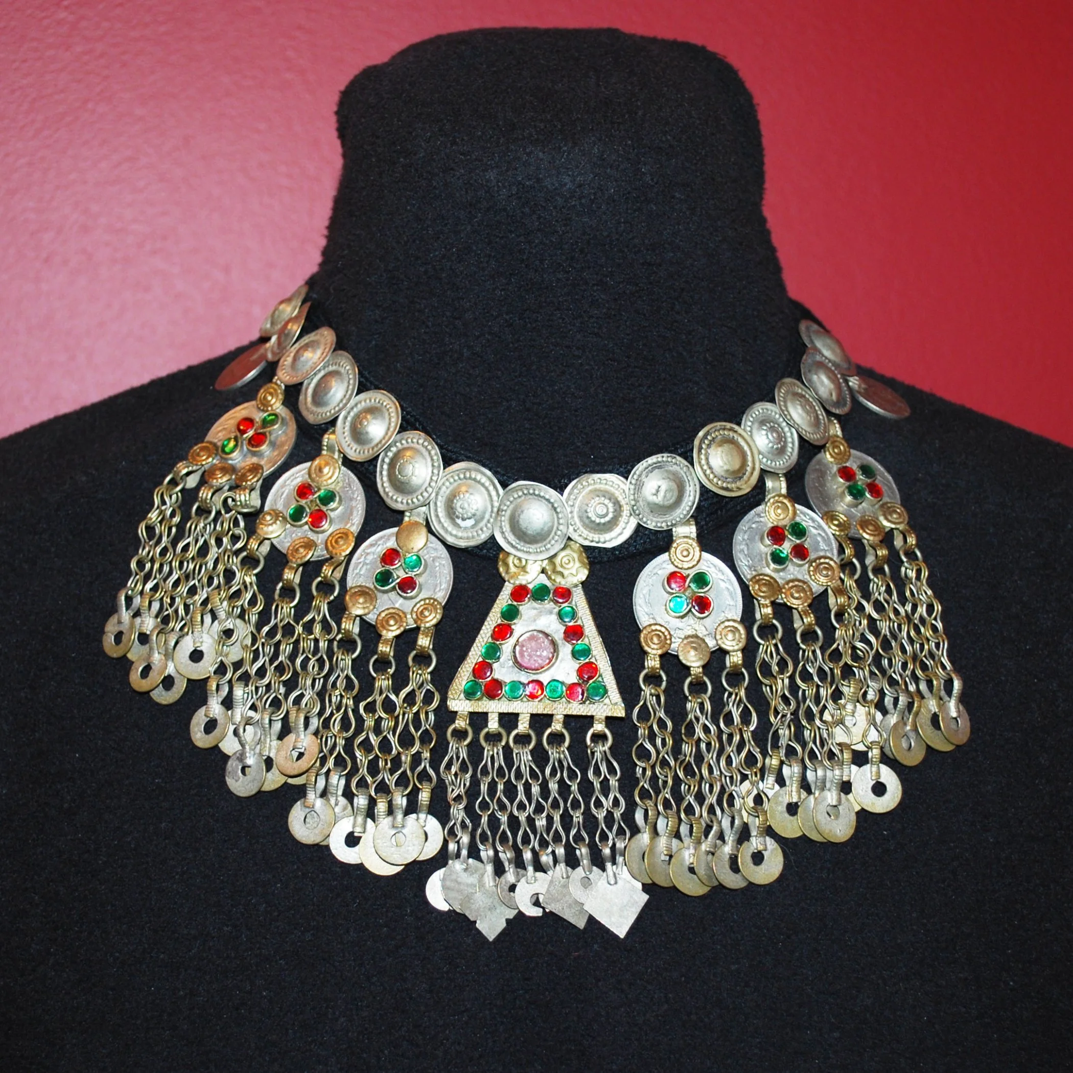 Kuchi Coin and Jingle Pendants Necklace - Tribal Coins Buttons Jewels on Black Cord
