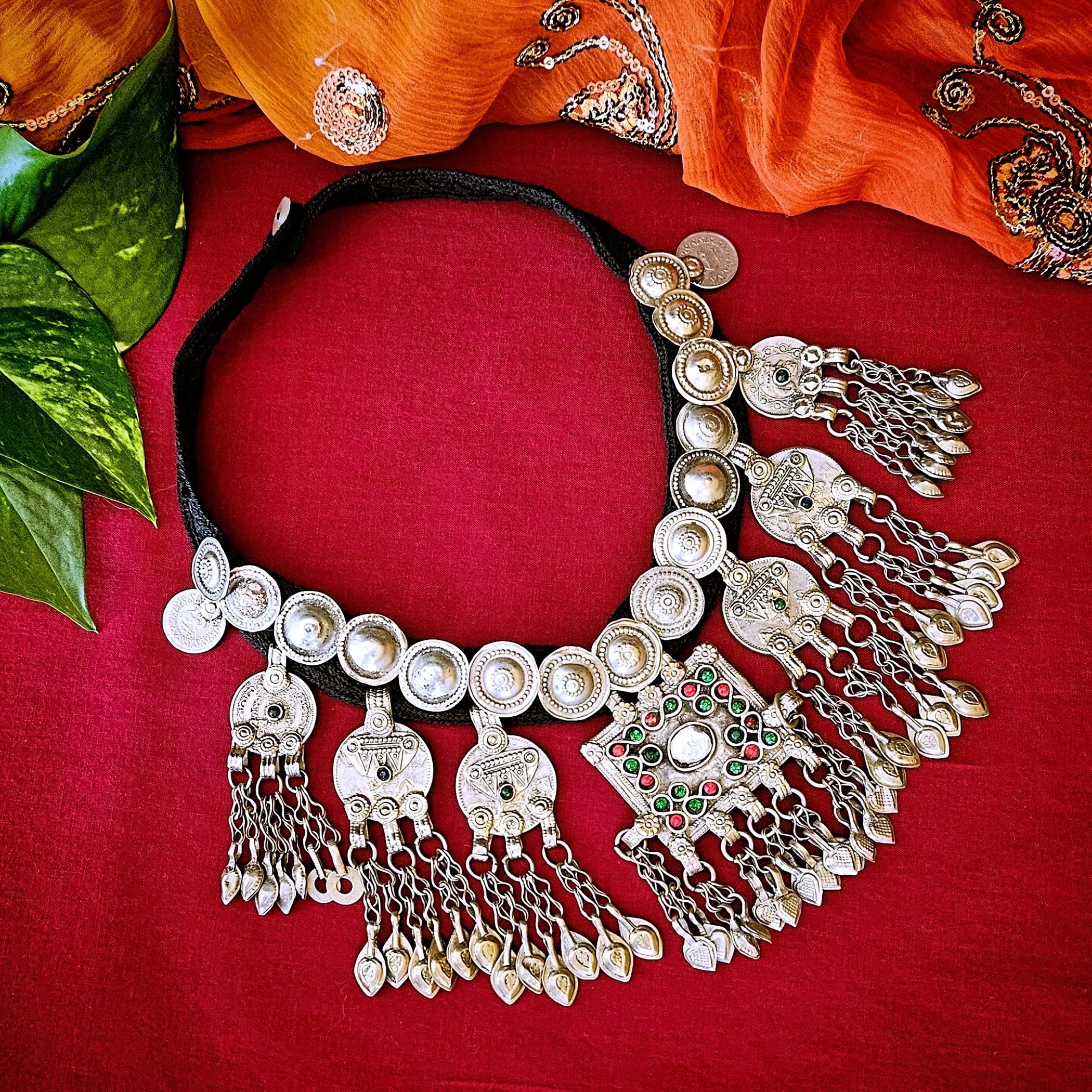 Kuchi Jingle Pendants Necklace - Vintage Bells Coins Jewels on Black Cord