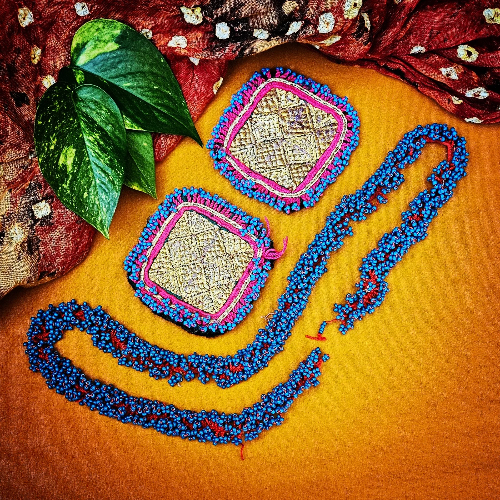 Vintage Pair Kuchi Diamond Shape Embroidery Medallions and "Fluffy" Beadwork Rope