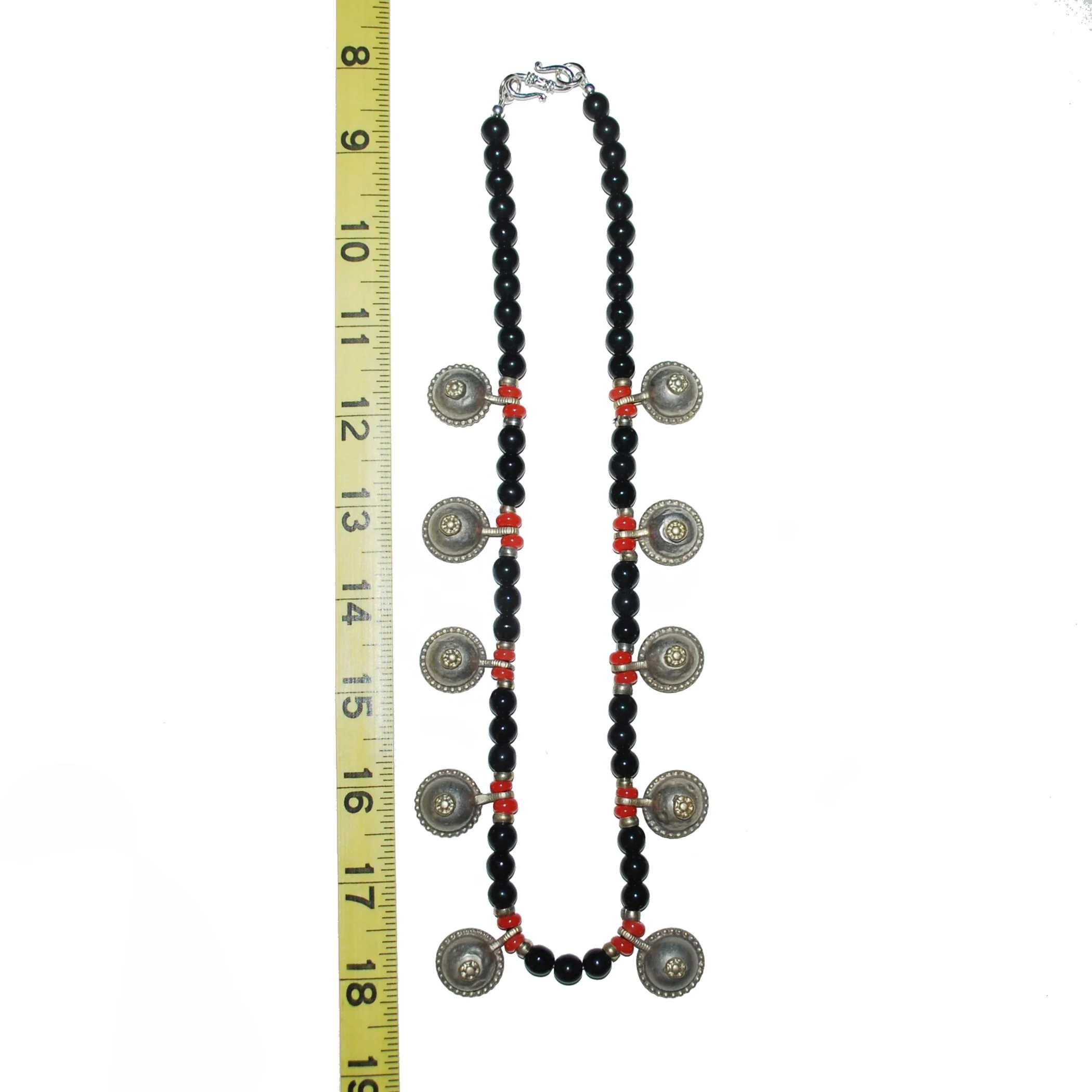 Glass Beaded Necklace - Black Red with Kuchi Charms - Red Camel Designs
