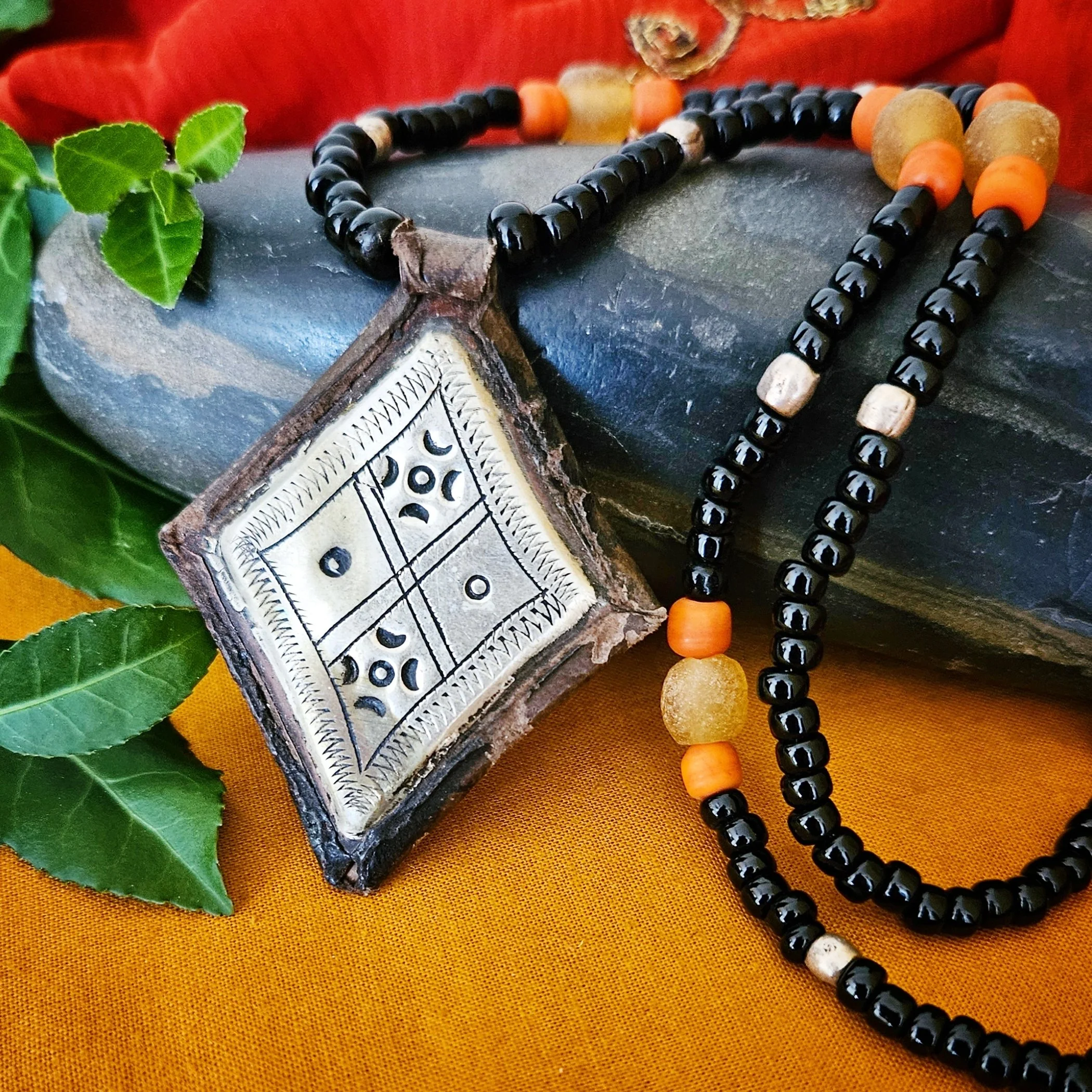 Vintage Tuareg Pendant on Beaded Necklace - Moroccan Pendant - Red Camel Designs