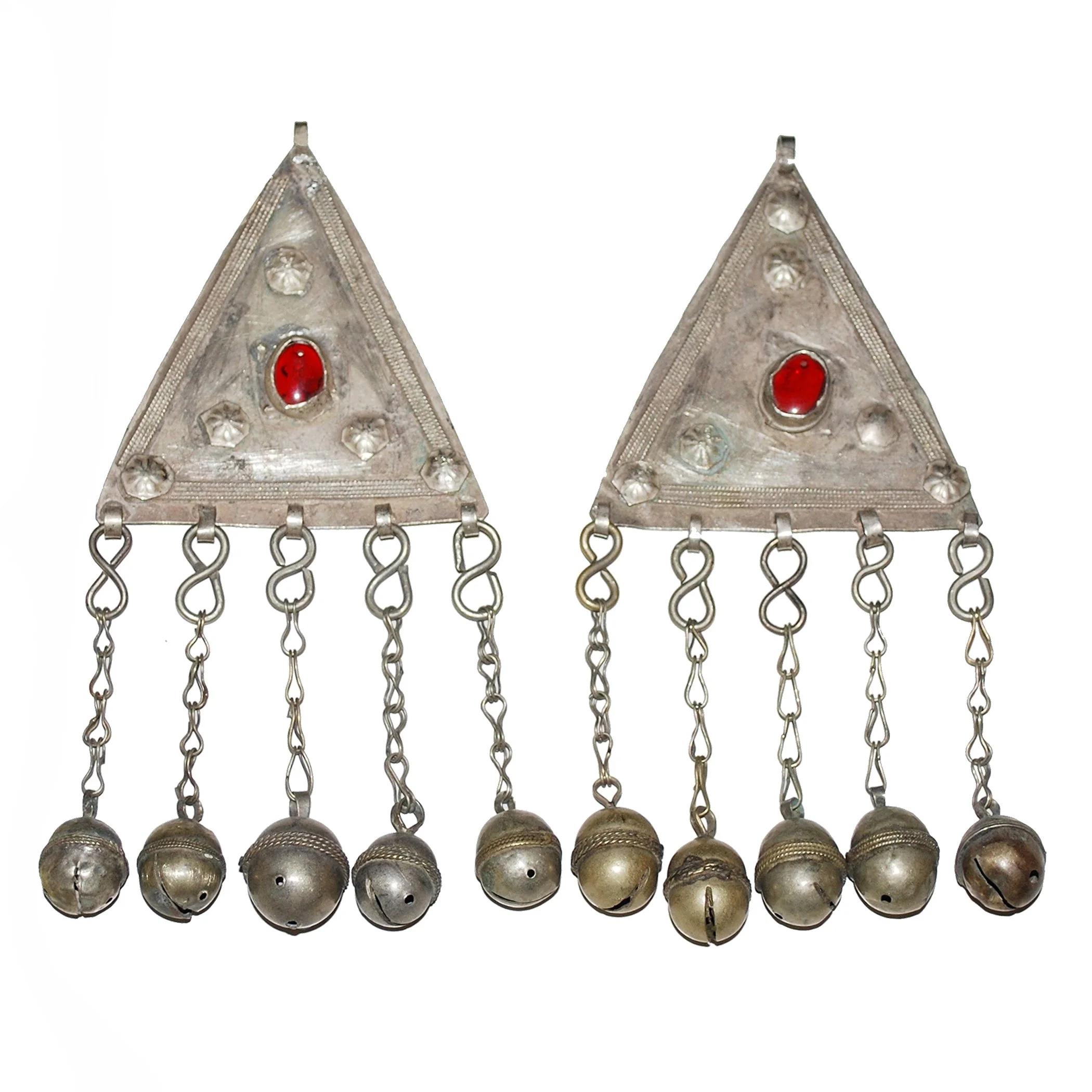Vintage Turkoman Pendants PAIR - Large Triangles with Jewels / Bells