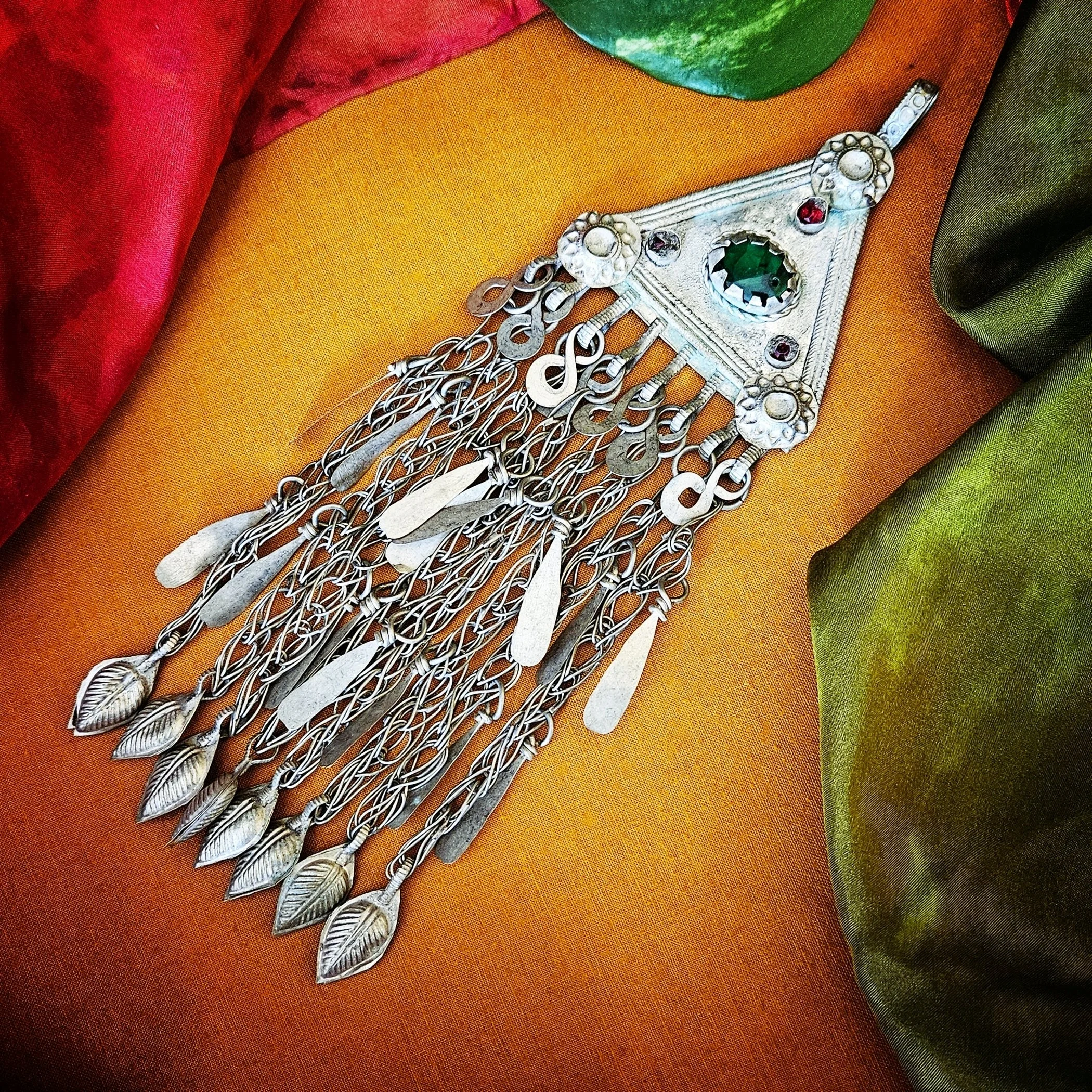 Vintage Kuchi Pendant - Tribal Triangle Pendant for Belly Dance - Glass Jewels