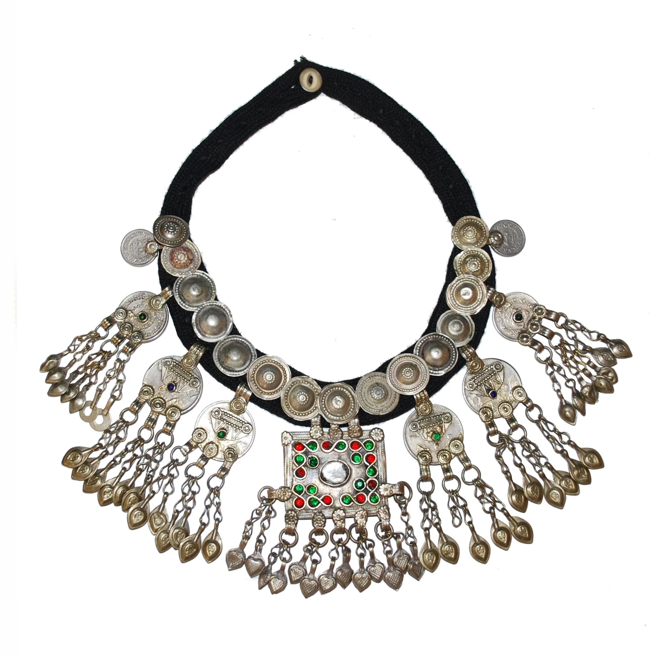 Kuchi Jingle Pendants Necklace - Vintage Bells Coins Jewels on Black Cord