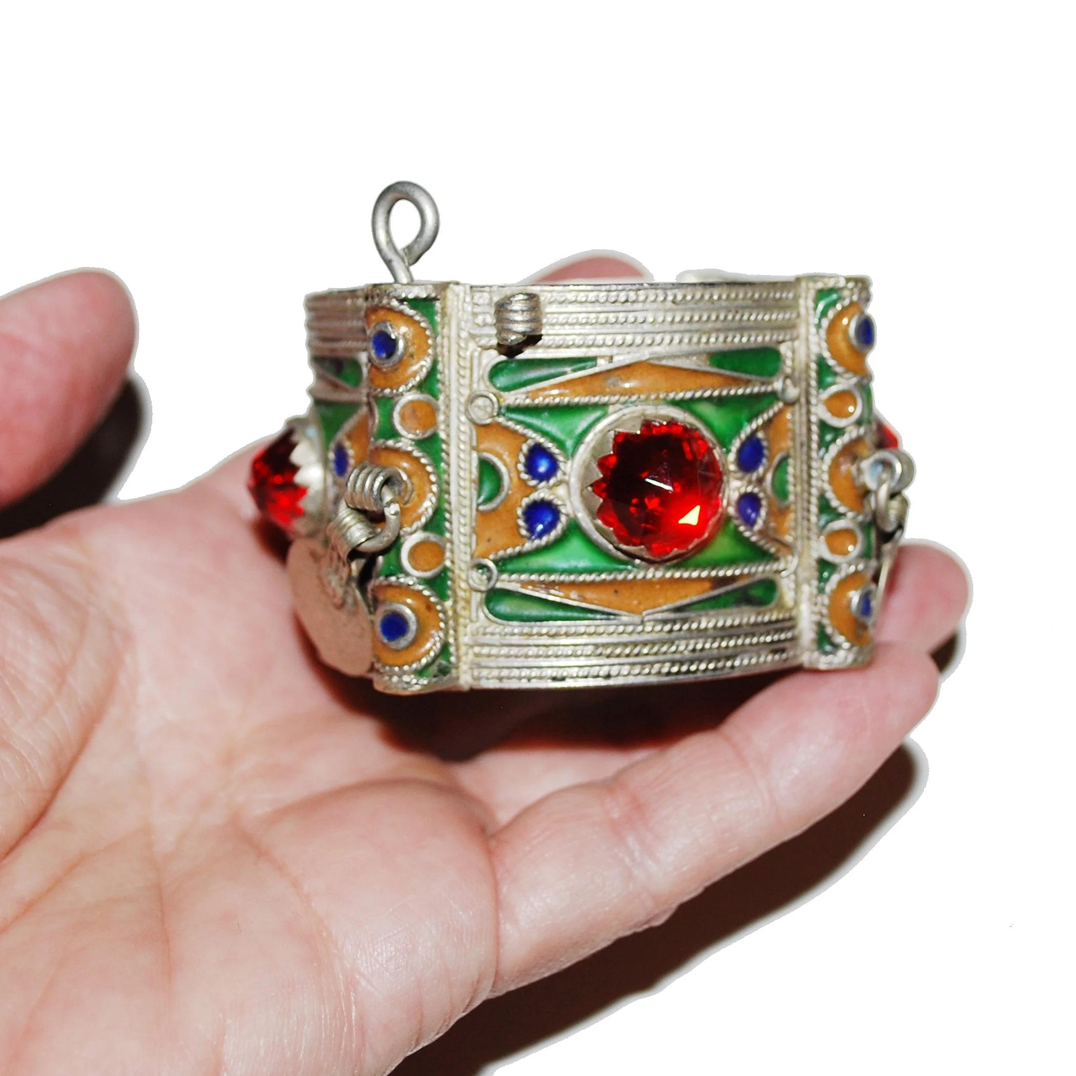 Vintage Berber Cuff Bracelet - Cuff with Enamel Jewels Coins - Pin and Hinge