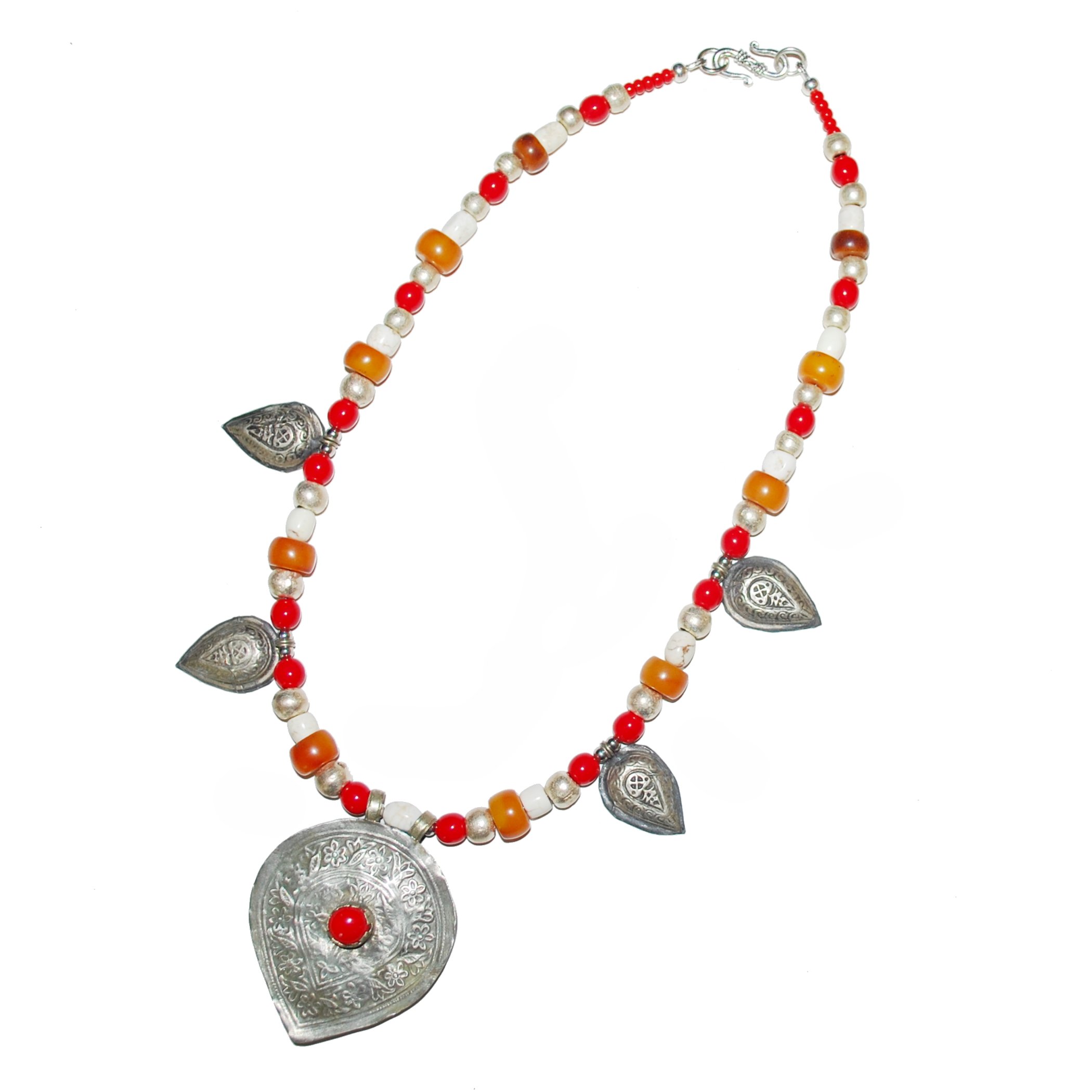 Kashmiri Pendant Necklace with Berber accent pieces - Copal Glass Stone Beads - Red Camel Designs