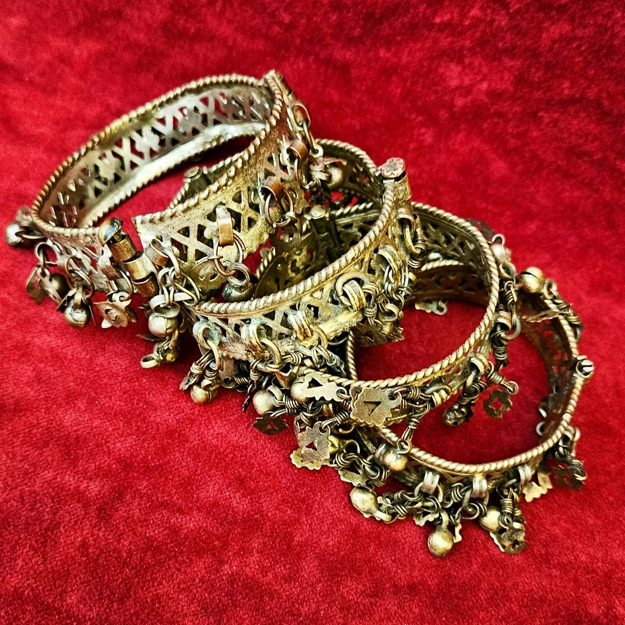 Four Kashmiri Jingle Bracelets - Brassy Dangle Bracelets - Belly Dance Wholesale / Discount Lot