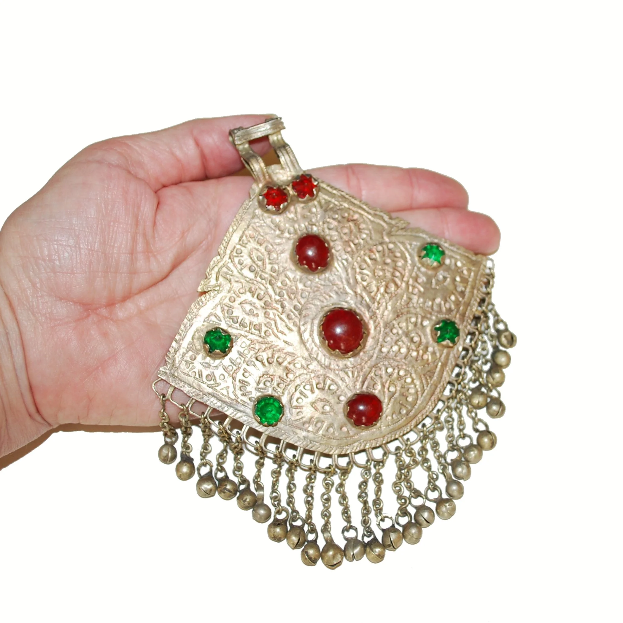 Large Vintage Kashmiri Pendant - Jeweled Pendant for Tribal Belly Dance