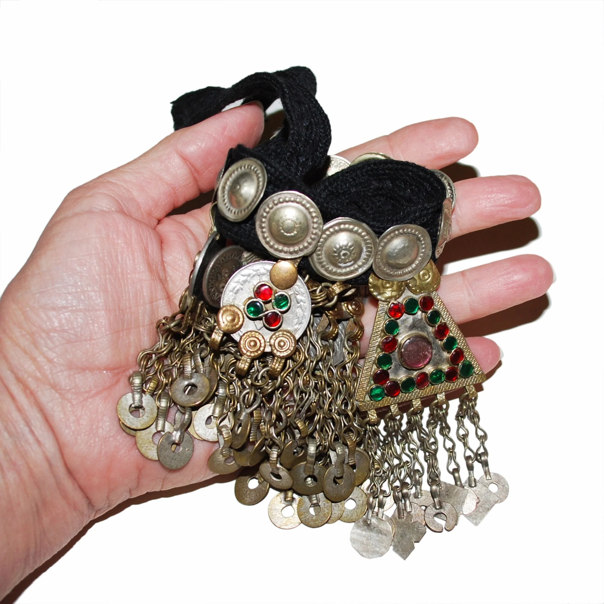 Kuchi Coin and Jingle Pendants Necklace - Tribal Coins Buttons Jewels on Black Cord