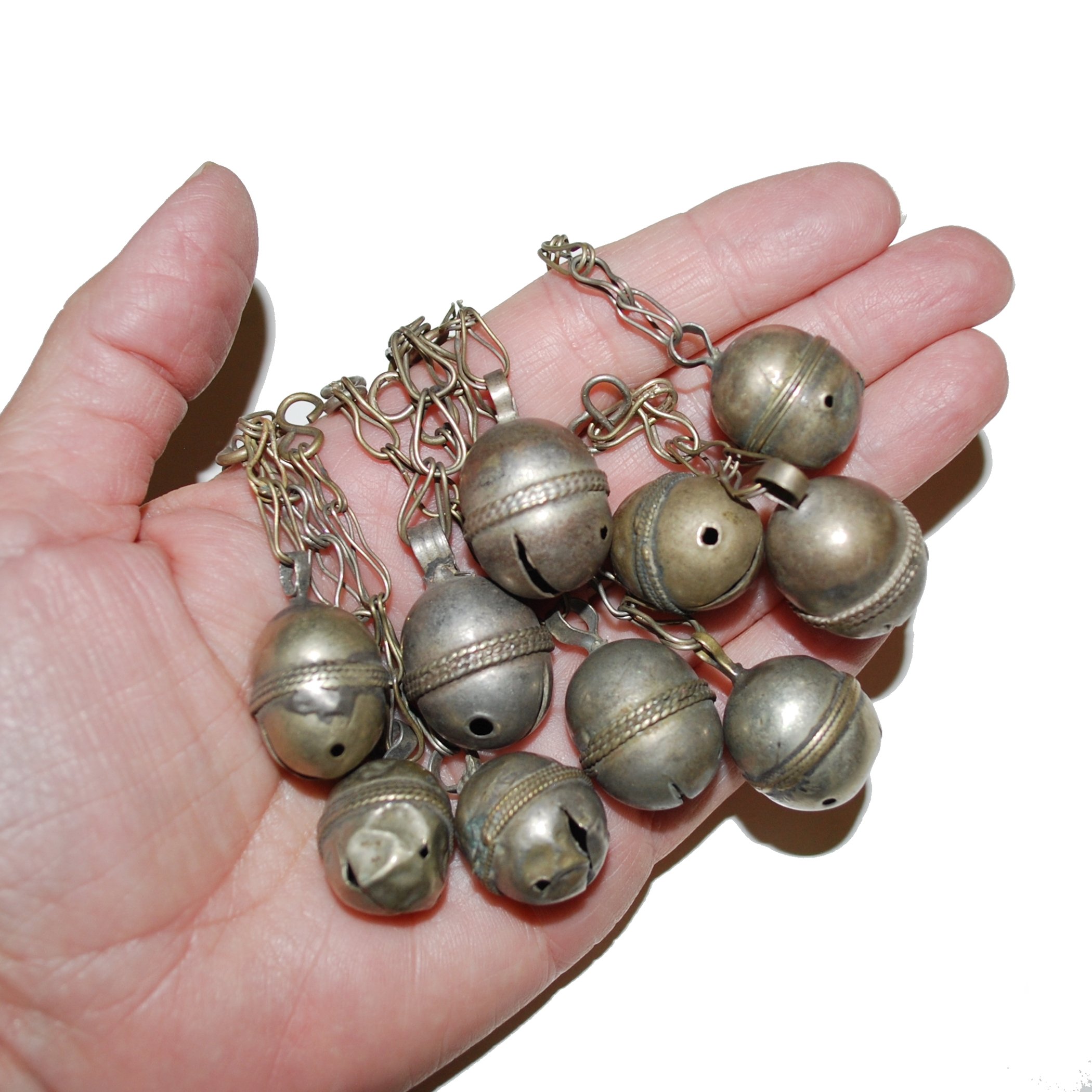 Ten Vintage Turkoman Bells on Chain - Tribal Bells - Turkman Bells for Belly Dance DIY