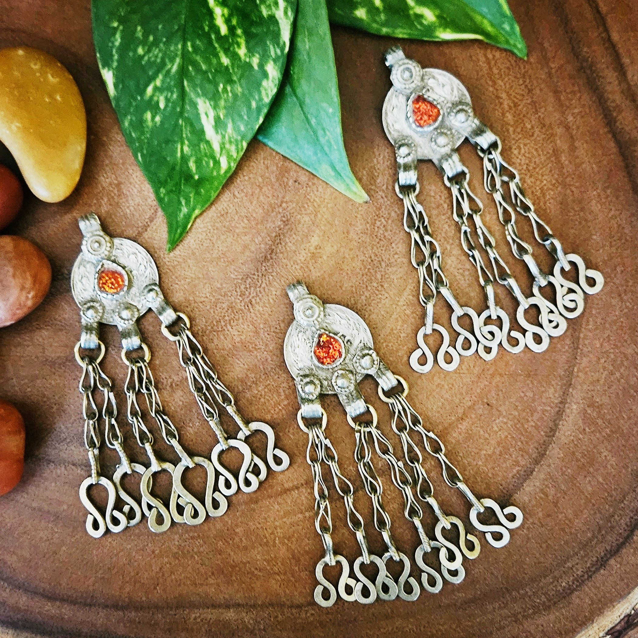 Vintage Kuchi Coin Pendants - Matching Set of 3 with Orange Jewels - Knot Dangles
