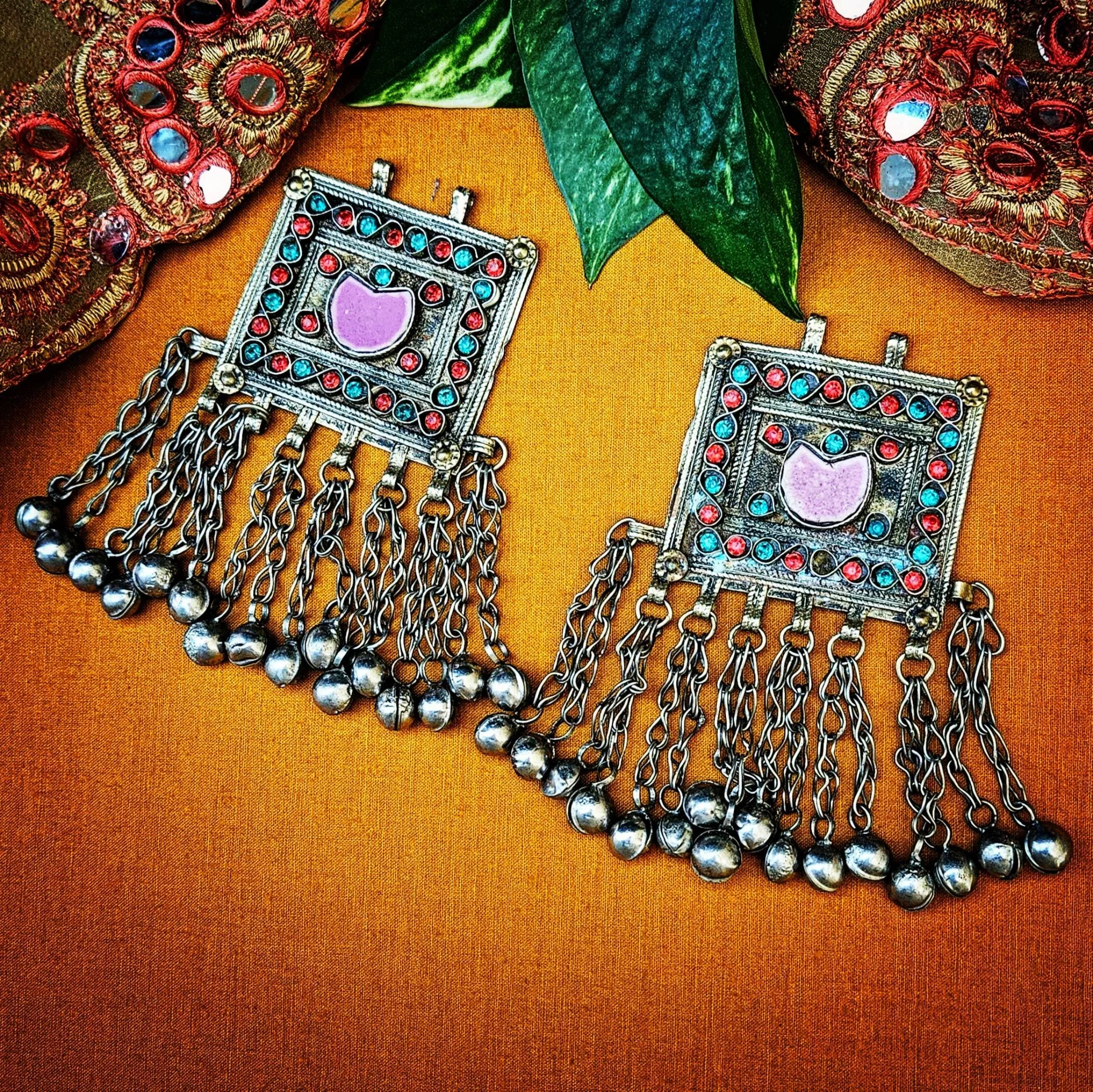 Vintage Kuchi Square Pendants - PAIR - Matched Tribal Jingle Pendants - Belly Dance