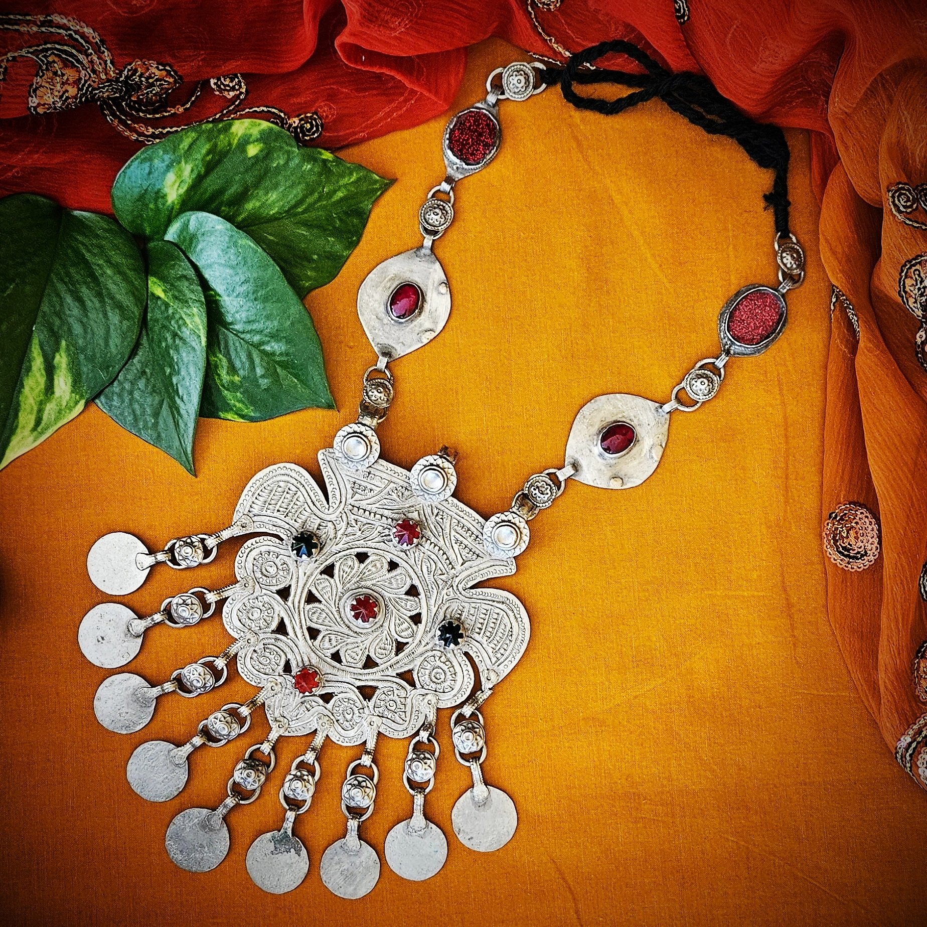 Large Kashmiri Pendant Necklace - Vintage Tribal Etched Necklace - Glass Jewels