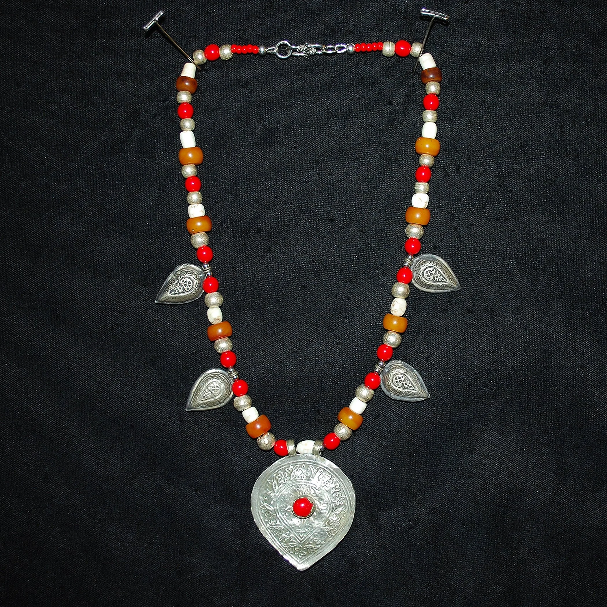 Kashmiri Pendant Necklace with Berber accent pieces - Copal Glass Stone Beads - Red Camel Designs