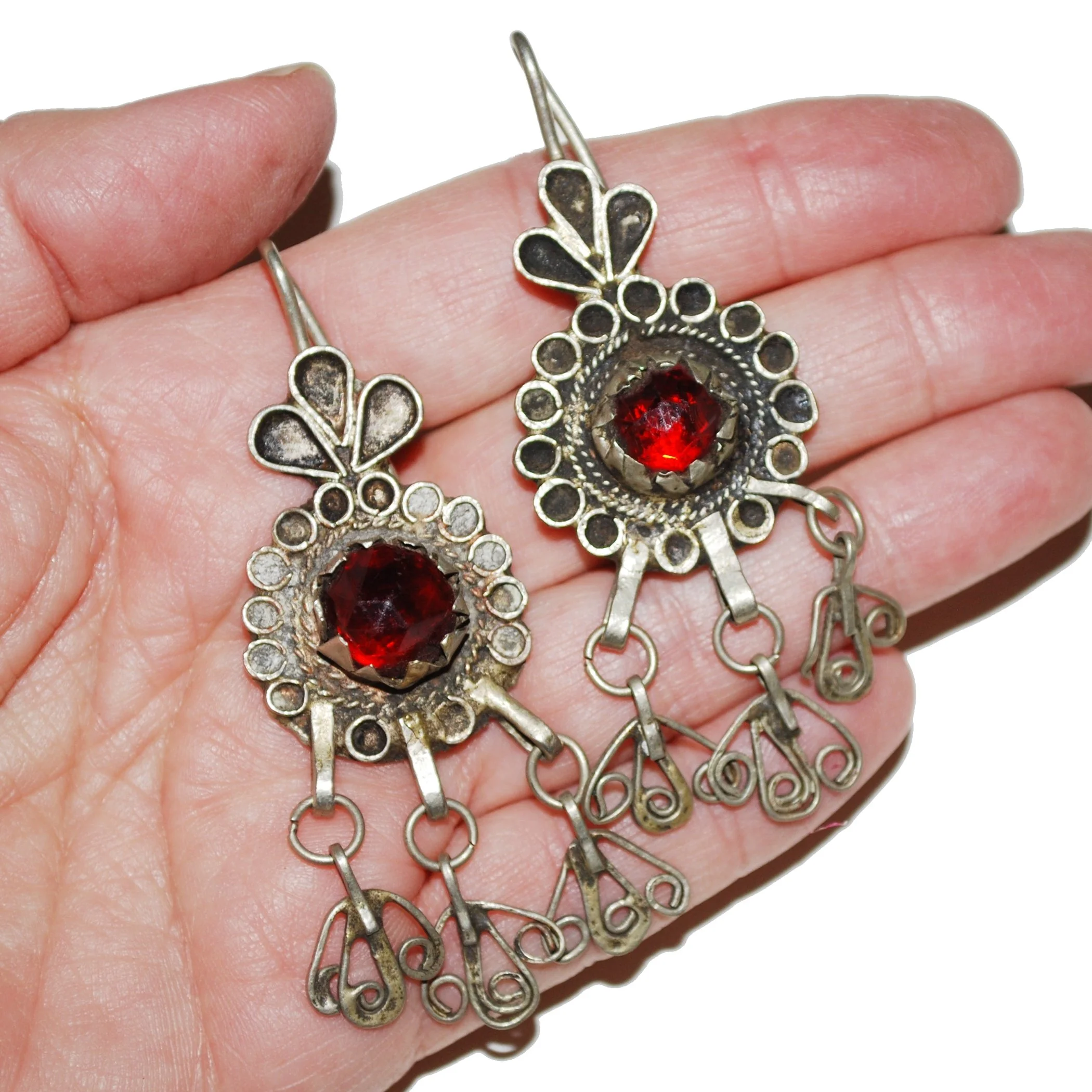 Moroccan Vintage Earrings - Red Jewel and Dangle - Belly Dance Earrings