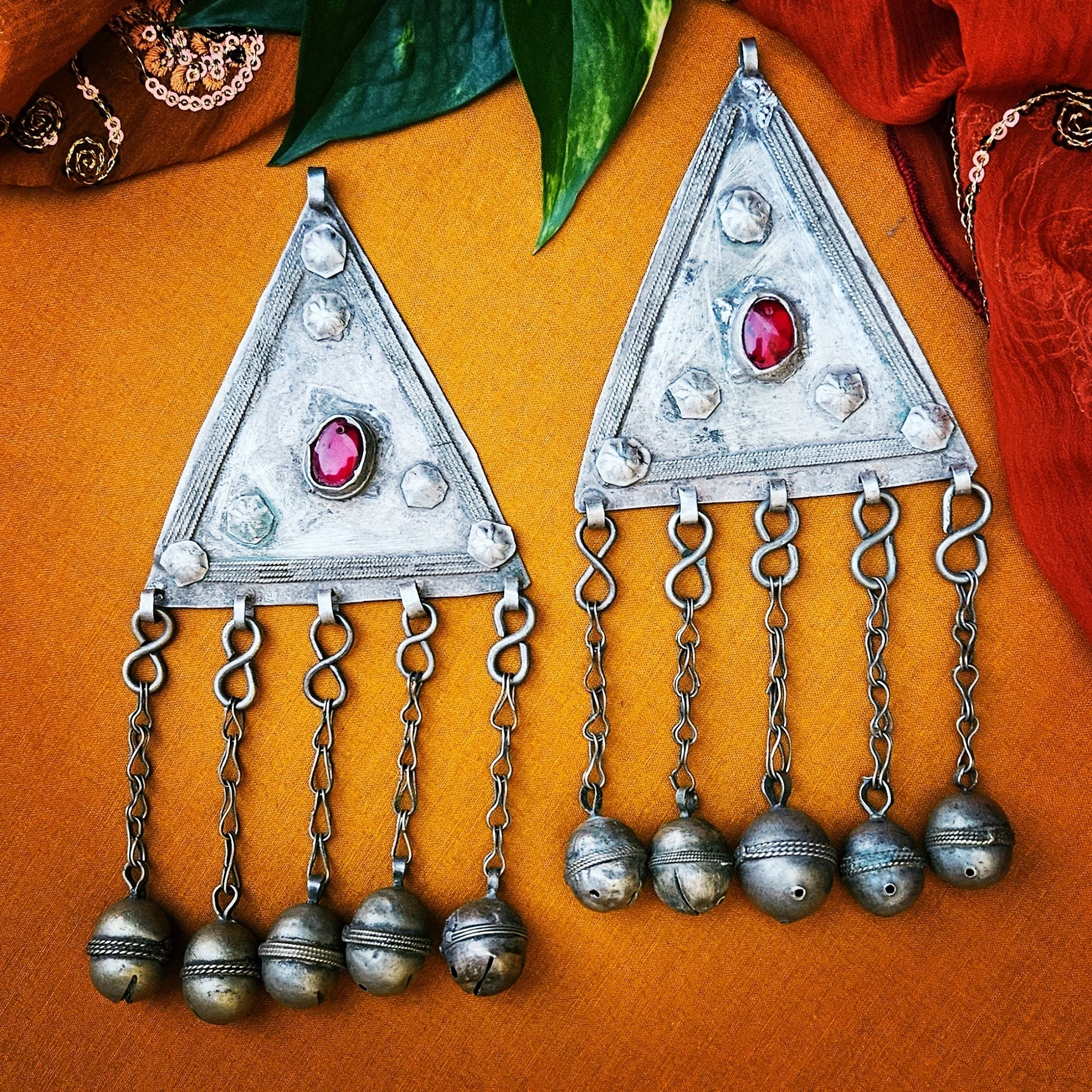 Vintage Turkoman Pendants PAIR - Large Triangles with Jewels / Bells