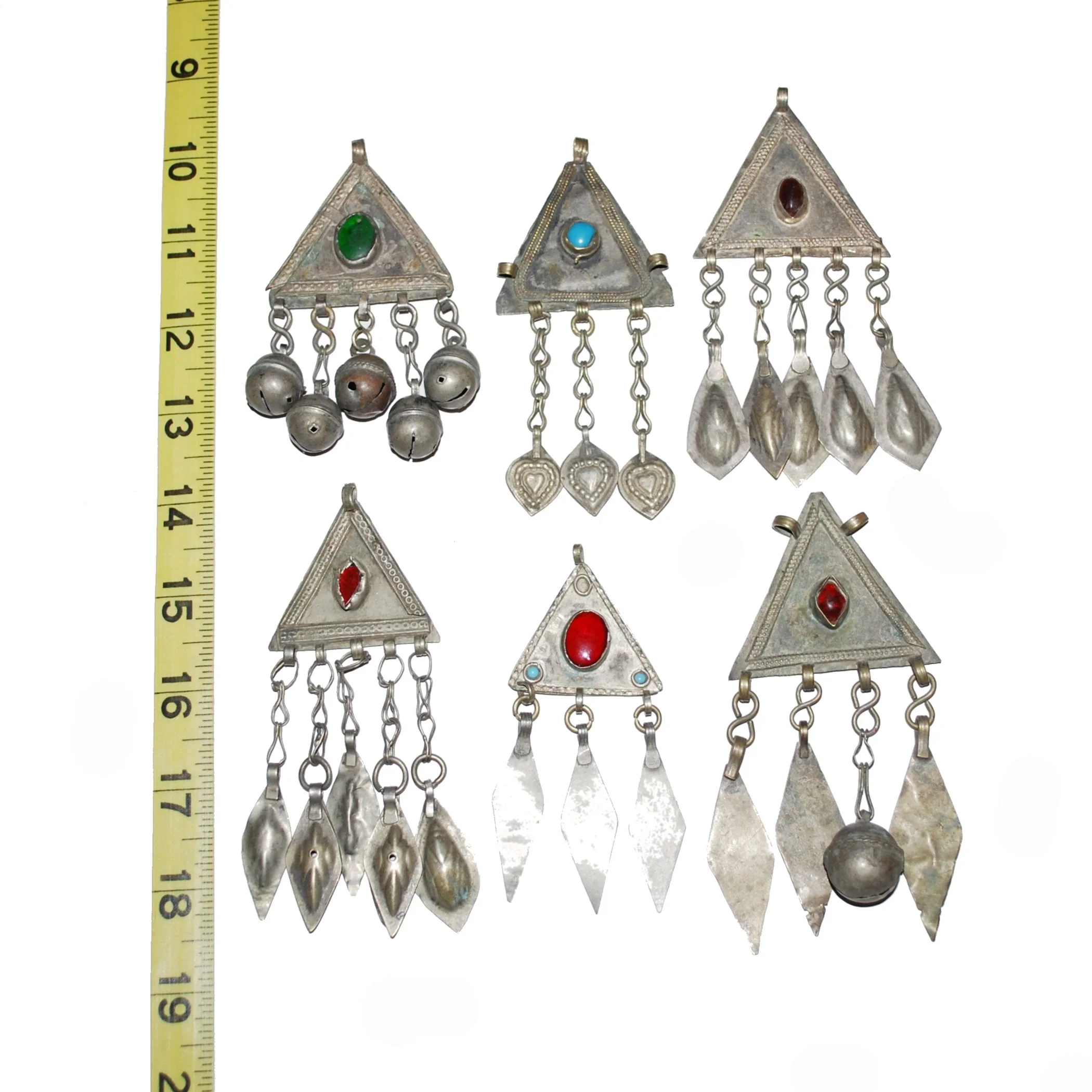 Six Turkoman Pendants - Vintage Triangle Pendants with Jewels - Turkman Variety