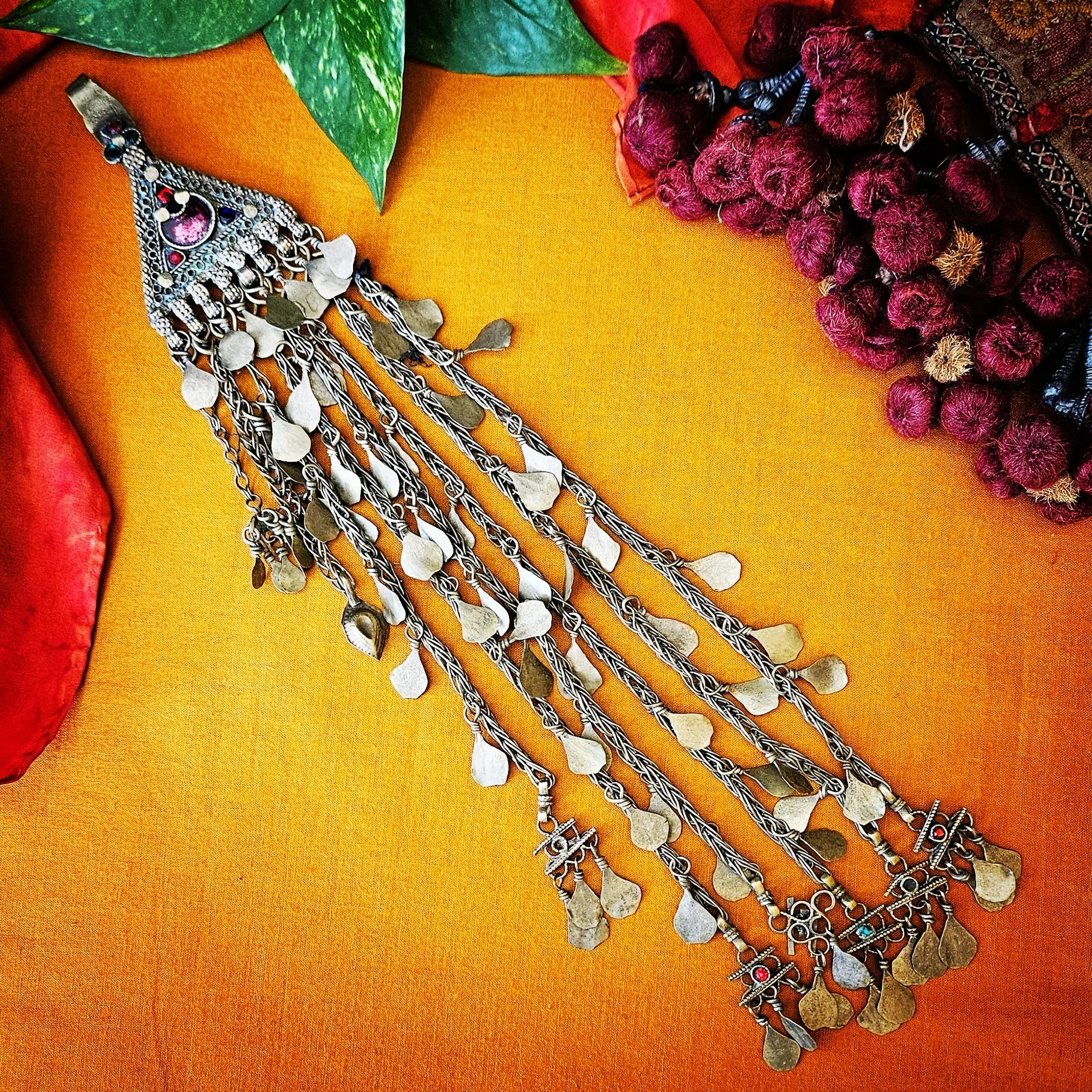 Vintage Kuchi Pendant - Long Chain Dangles - Tribal Belly Dance Pendant