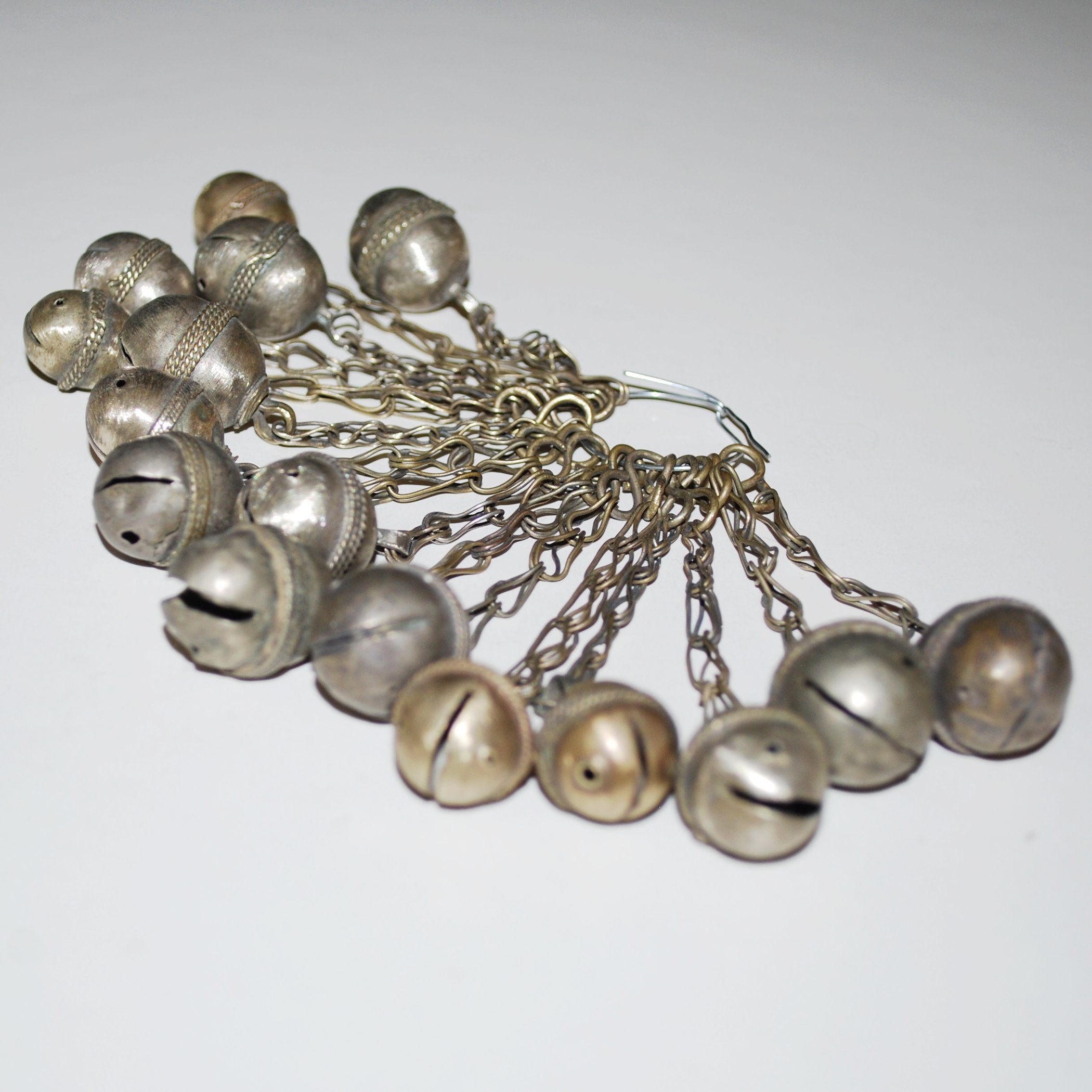 Sixteen Vintage Tribal Bells on Chain - Turkoman Bells - Turkmen Bells for Belly Dance DIY