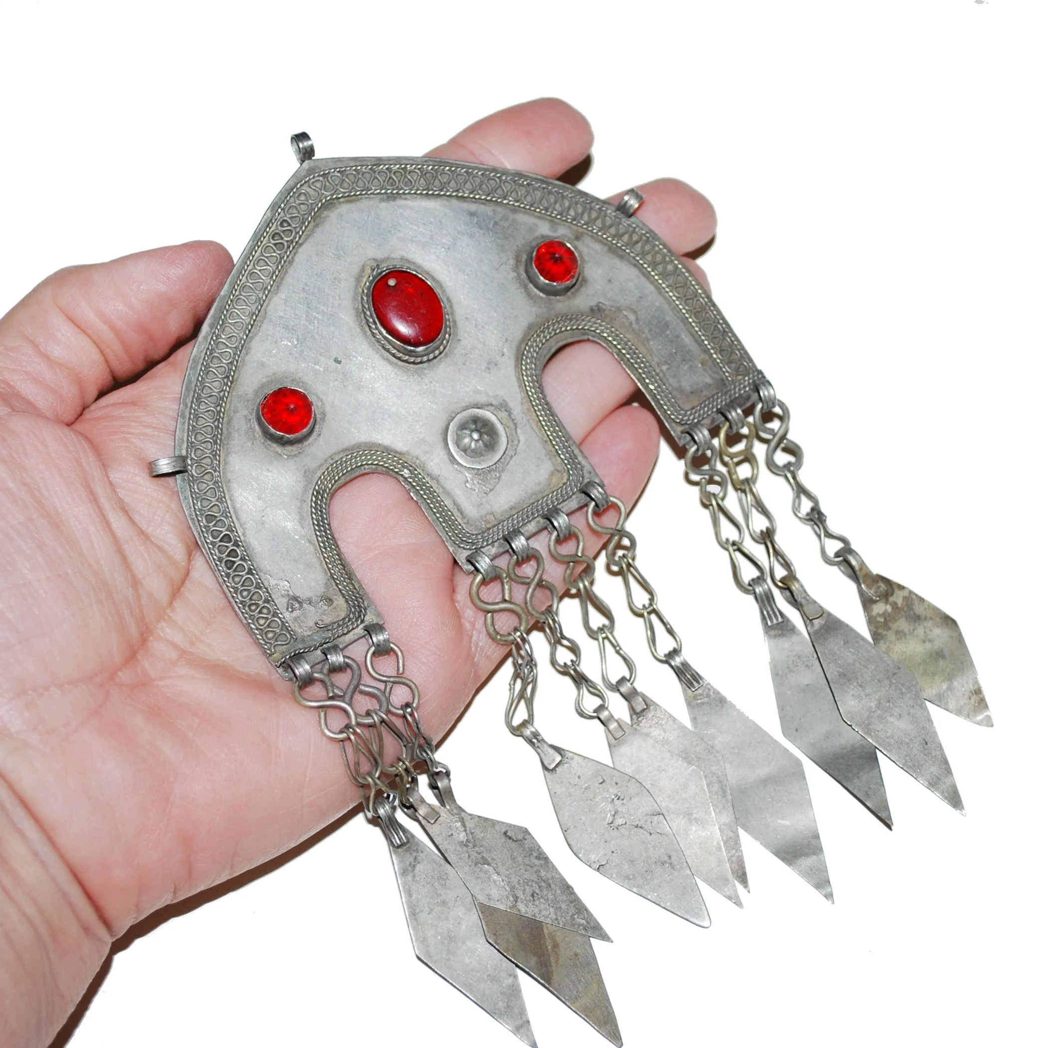 Vintage Turkoman Pendant - Large Tribal Pendant with Jewels - Great Detailing