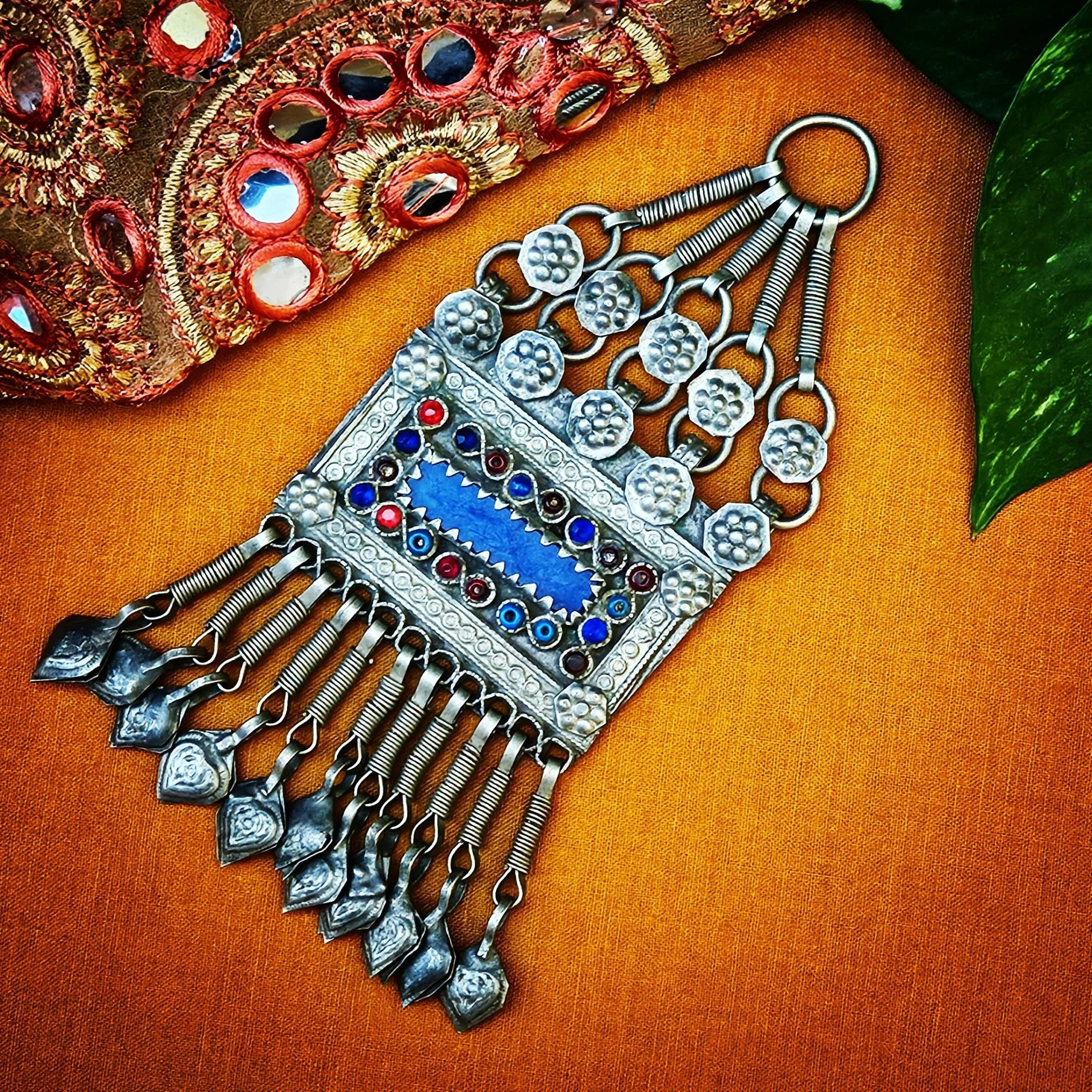 Kuchi Pendant - Vintage Tribal Square Pendant with Jewels - Blue Belly Dance