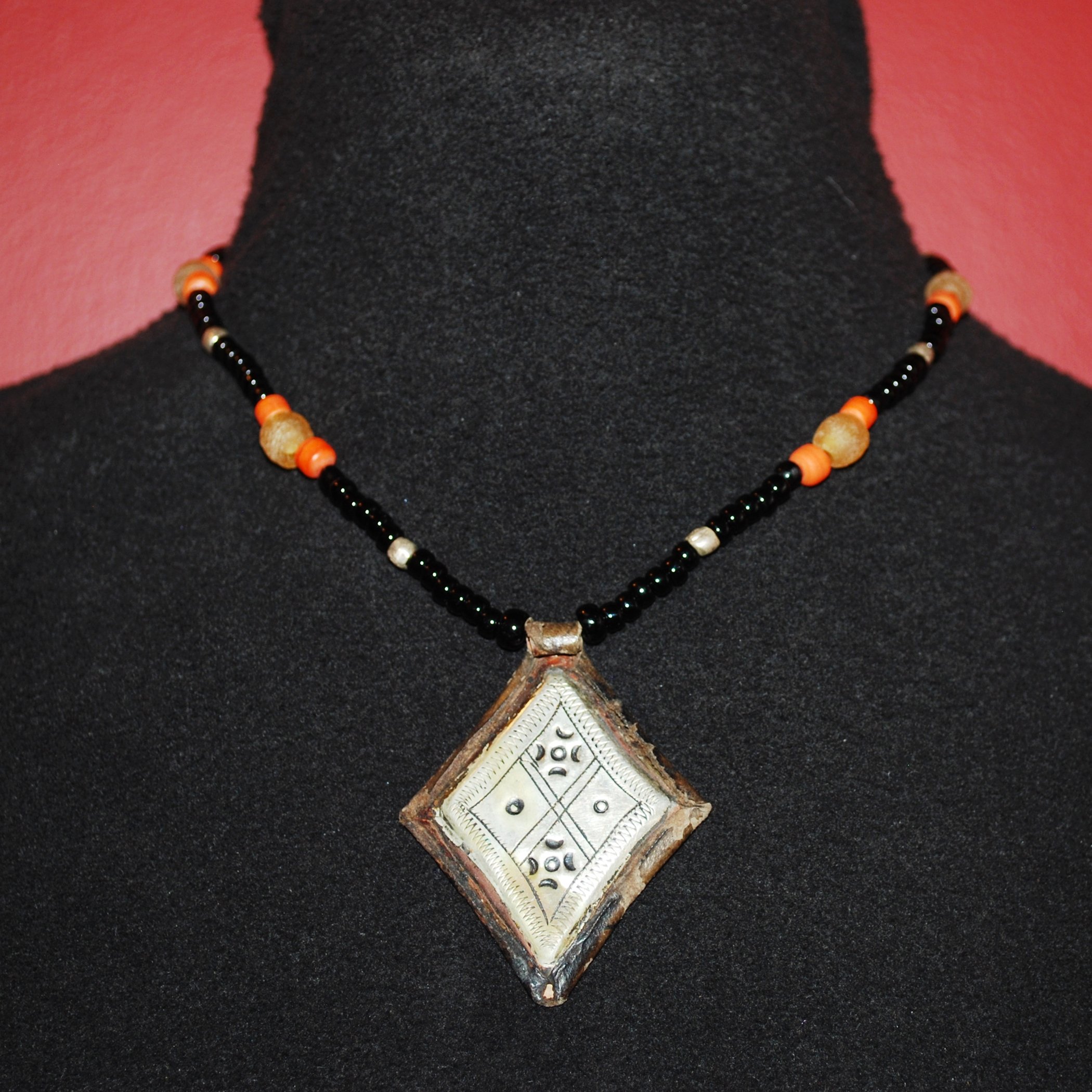 Vintage Tuareg Pendant on Beaded Necklace - Moroccan Pendant - Red Camel Designs