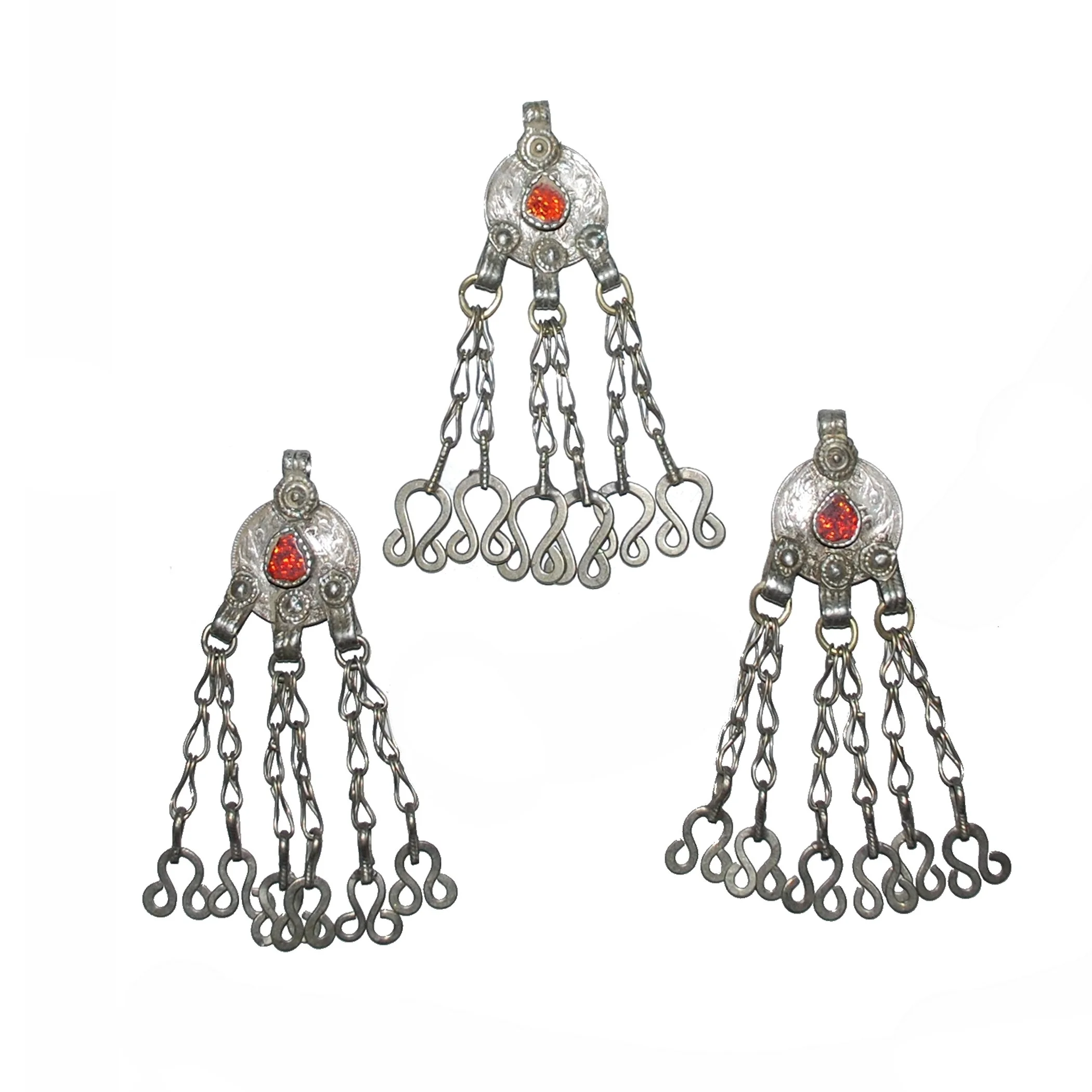 Vintage Matching Kuchi Coin Pendants with Orange Jewels Knot Dangles