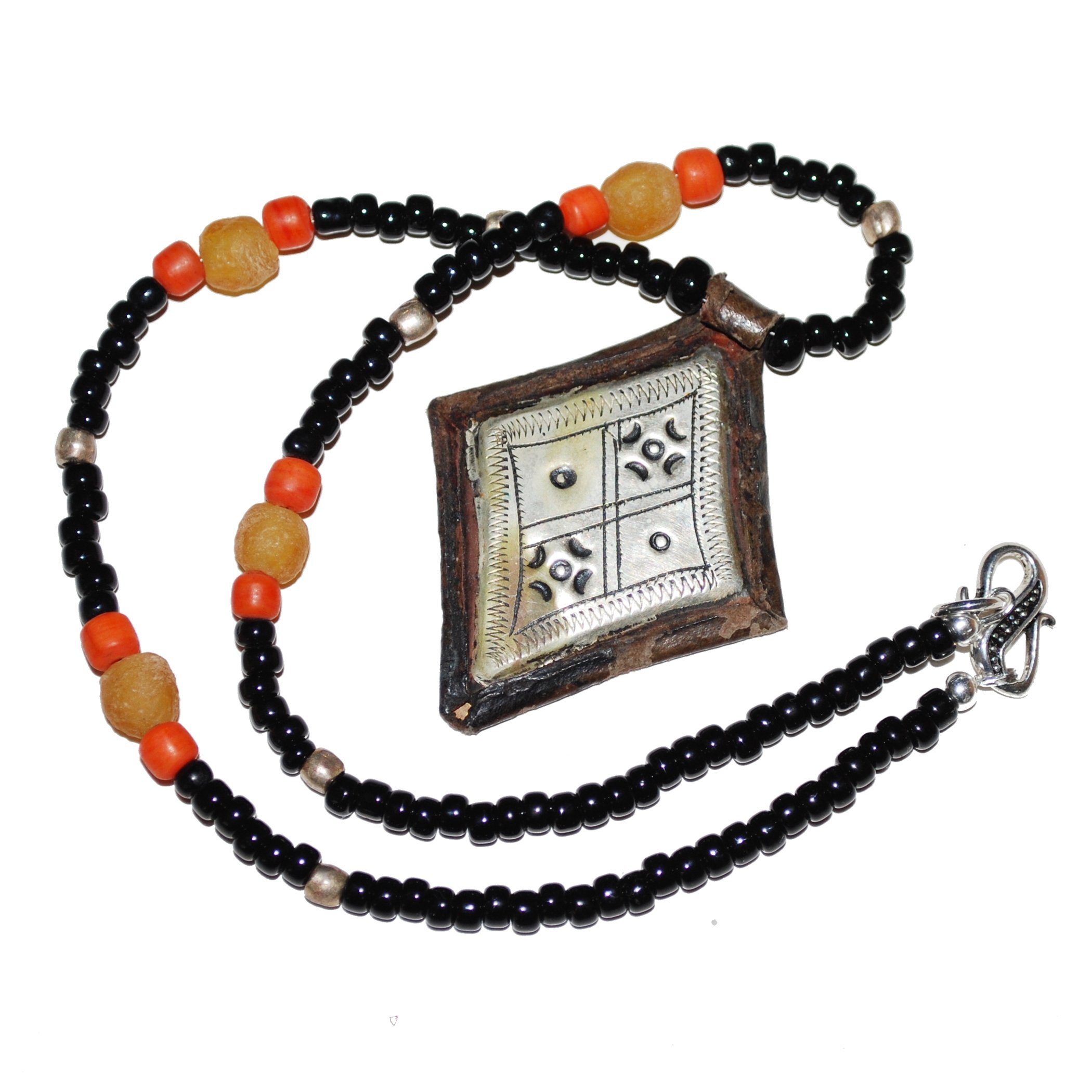 Vintage Tuareg Pendant on Beaded Necklace - Moroccan Pendant - Red Camel Designs