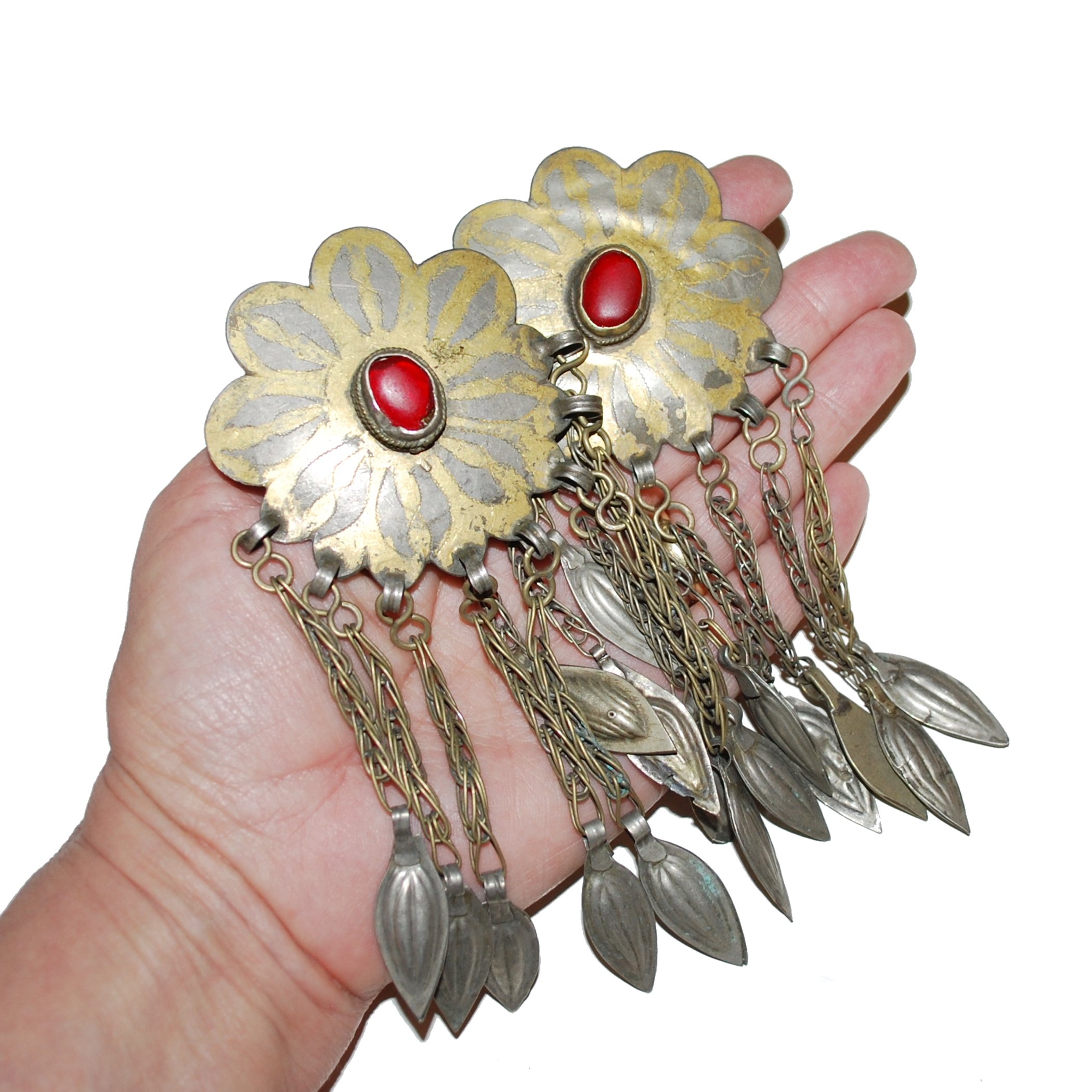 Turkoman Vintage Fire Gilded Pendants - Gold Washed Gul Yaka PAIR - Turkman