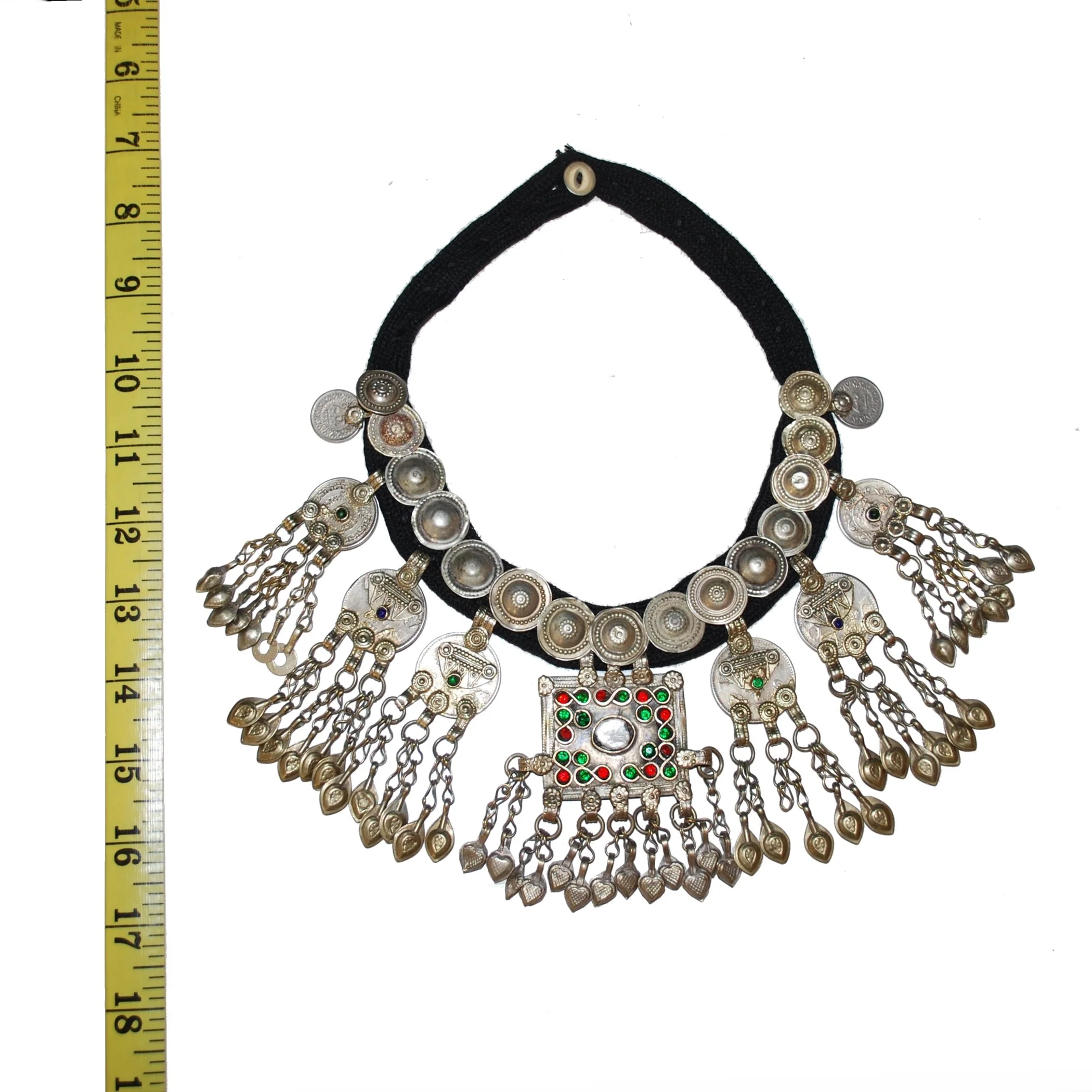 Kuchi Jingle Pendants Necklace - Vintage Bells Coins Jewels on Black Cord