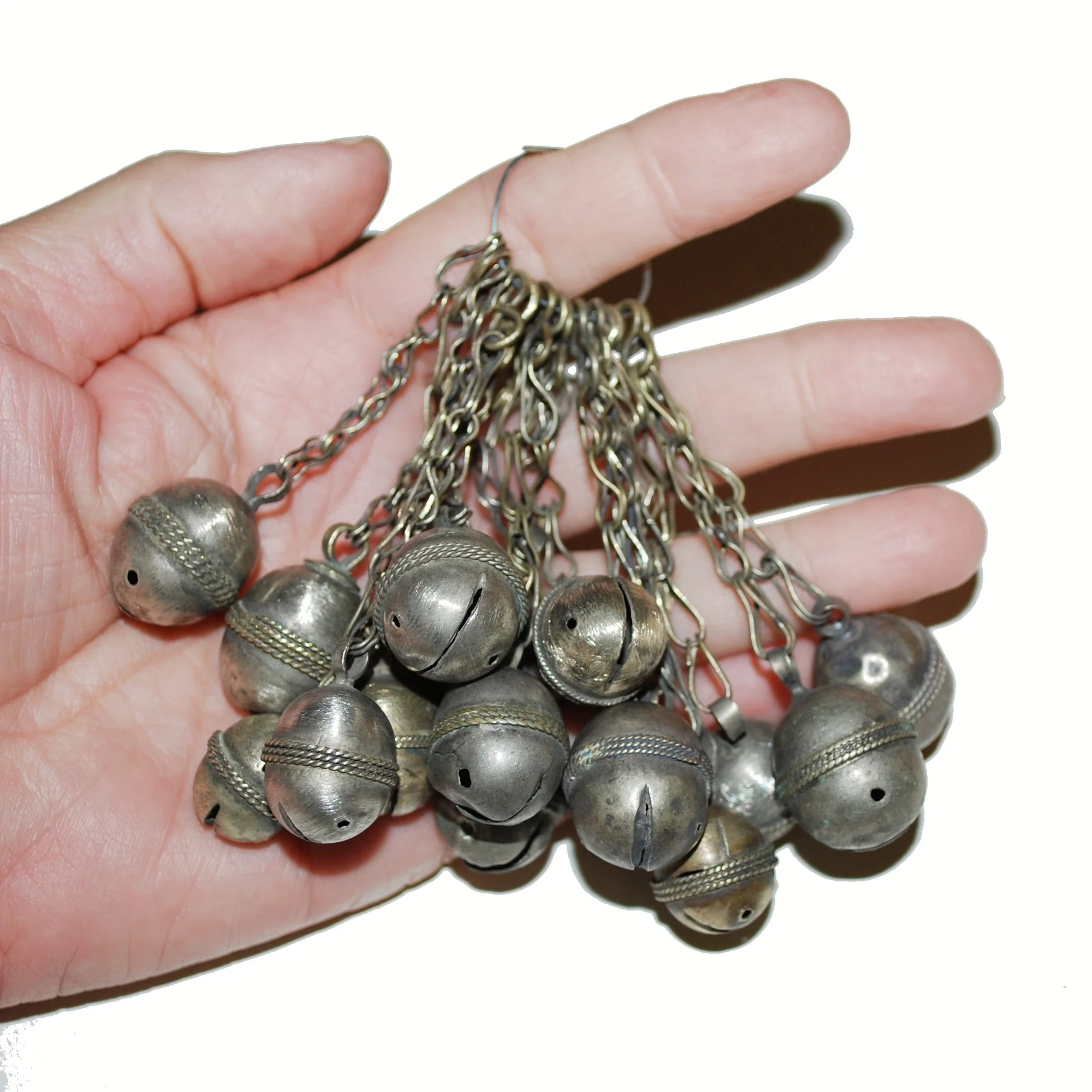 Sixteen Vintage Tribal Bells on Chain - Turkoman Bells - Turkmen Bells for Belly Dance DIY