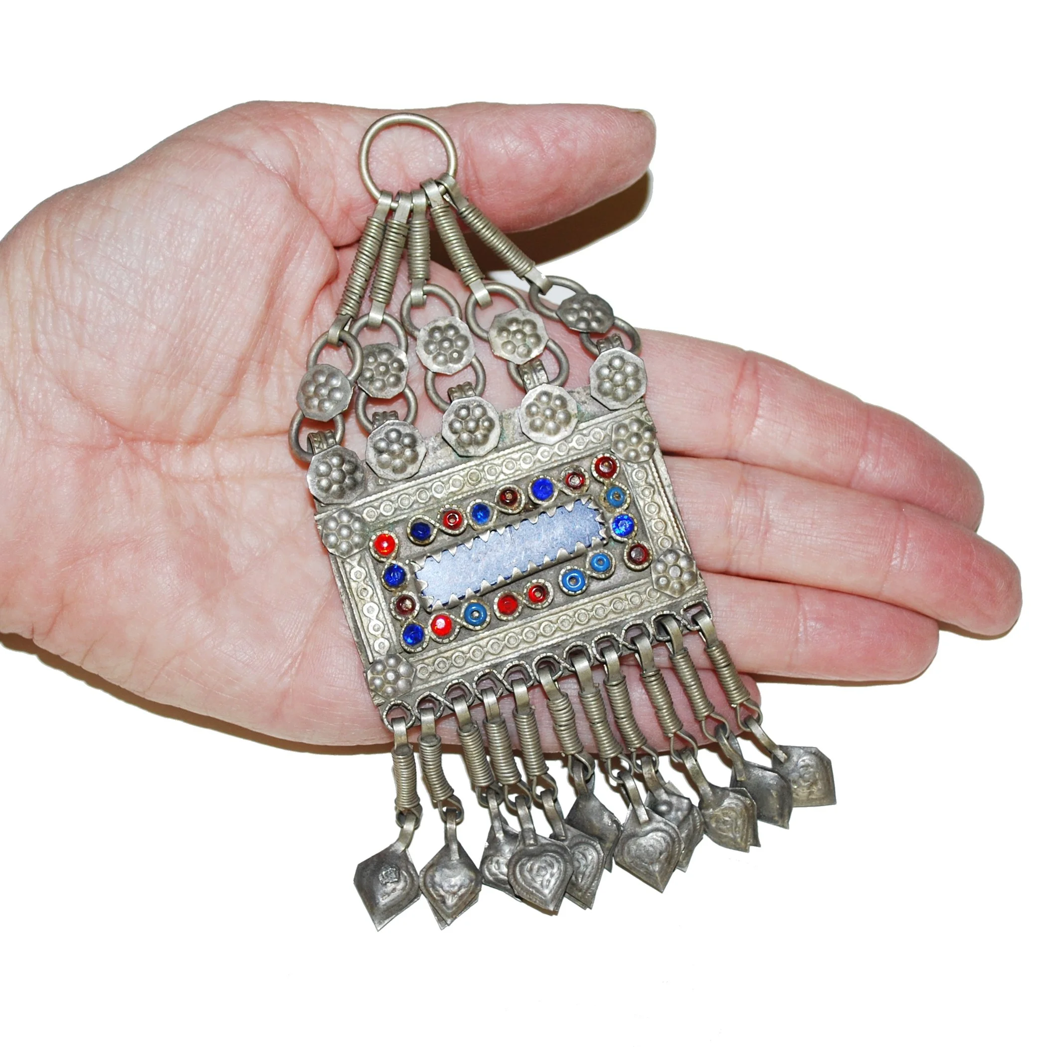 Kuchi Pendant - Vintage Tribal Square Pendant with Jewels - Blue Belly Dance