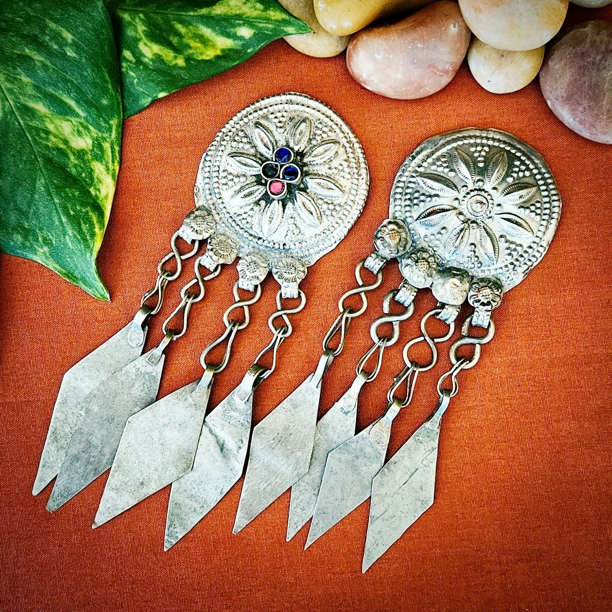 Two Large Tribal Buttons with Dangles - Vintage Stamped Buttons - Belly Dance DIY