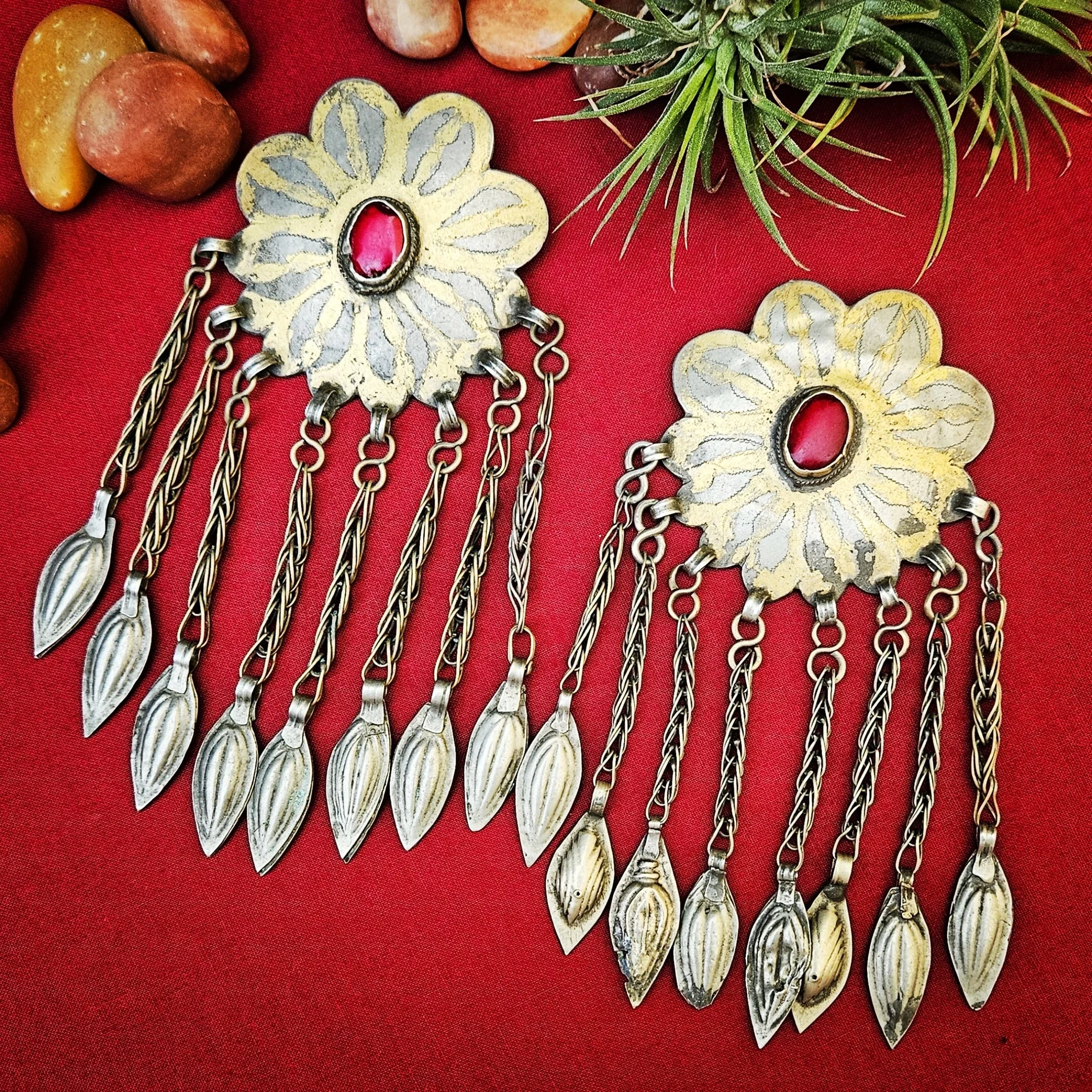 Turkoman Vintage Fire Gilded Pendants - Gold Washed Gul Yaka PAIR - Turkman